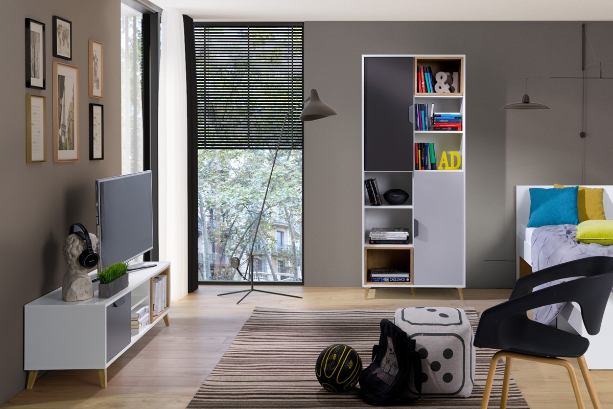 Skriňa Shark 1 so zásuvkami - biela / grafitová / šedá / dub lefkas kolekcia mlodziezowa Shark - Biely/grafit/šedý/Dub Lefkas