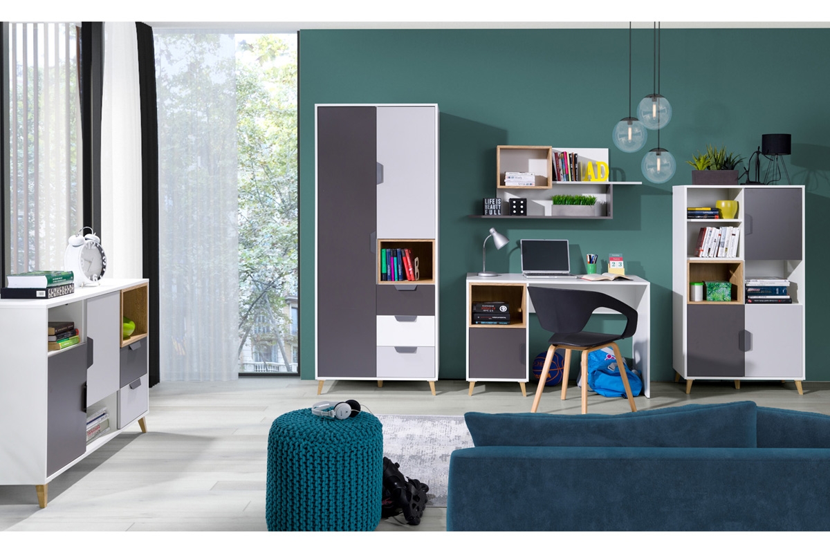 Skriňa Shark 1 so zásuvkami - biela / grafitová / šedá / dub lefkas kolekcia mlodziezowa Shark - Biely/grafit/šedý/Dub Lefkas