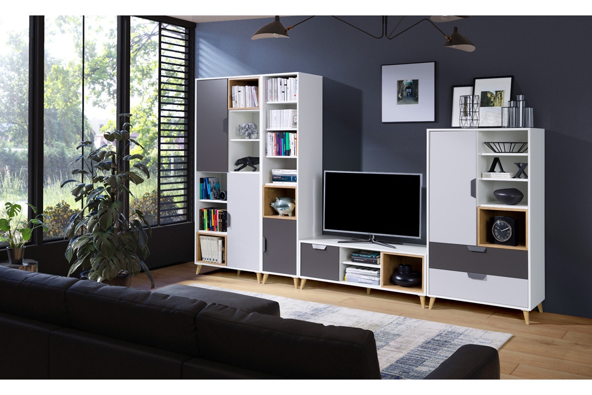 Skriňa Shark 1 so zásuvkami - biela / grafitová / šedá / dub lefkas kolekcia mlodziezowa Shark - Biely/grafit/šedý/Dub Lefkas