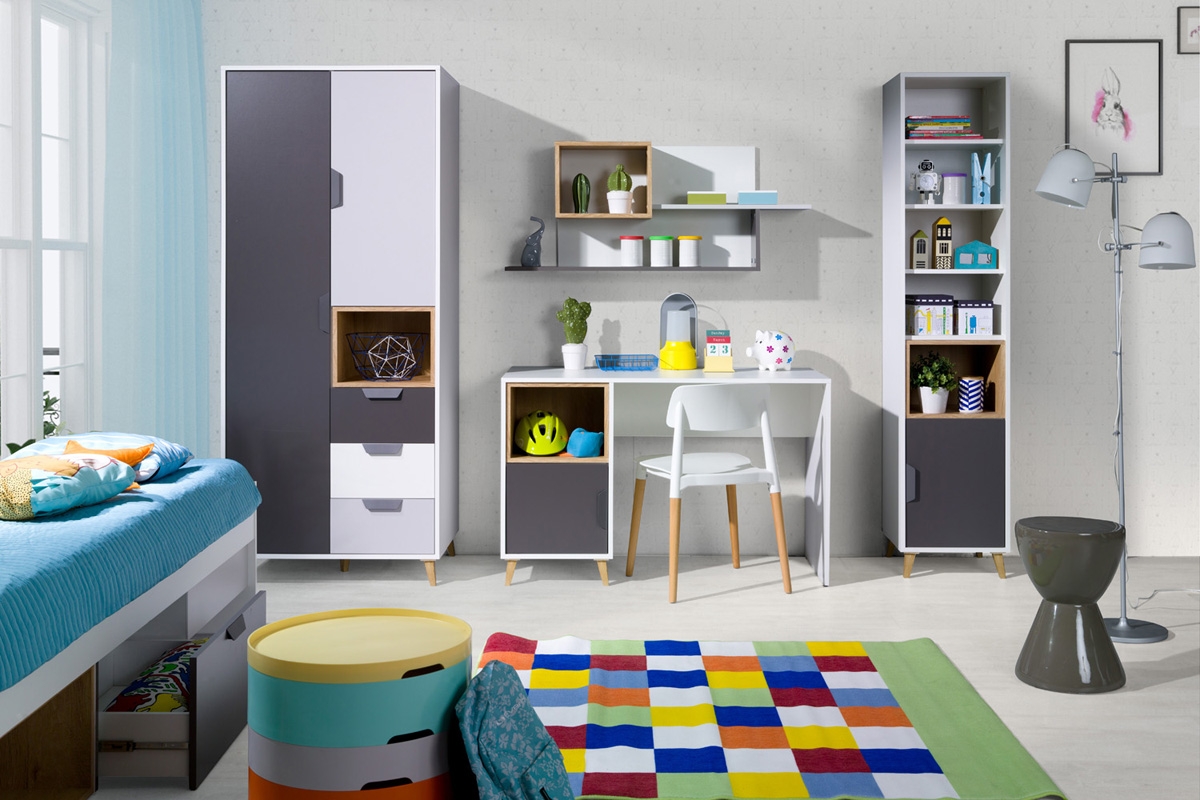 Skriňa Shark 1 so zásuvkami - biela / grafitová / šedá / dub lefkas kolekcia mlodziezowa Shark - Biely/grafit/šedý/Dub Lefkas