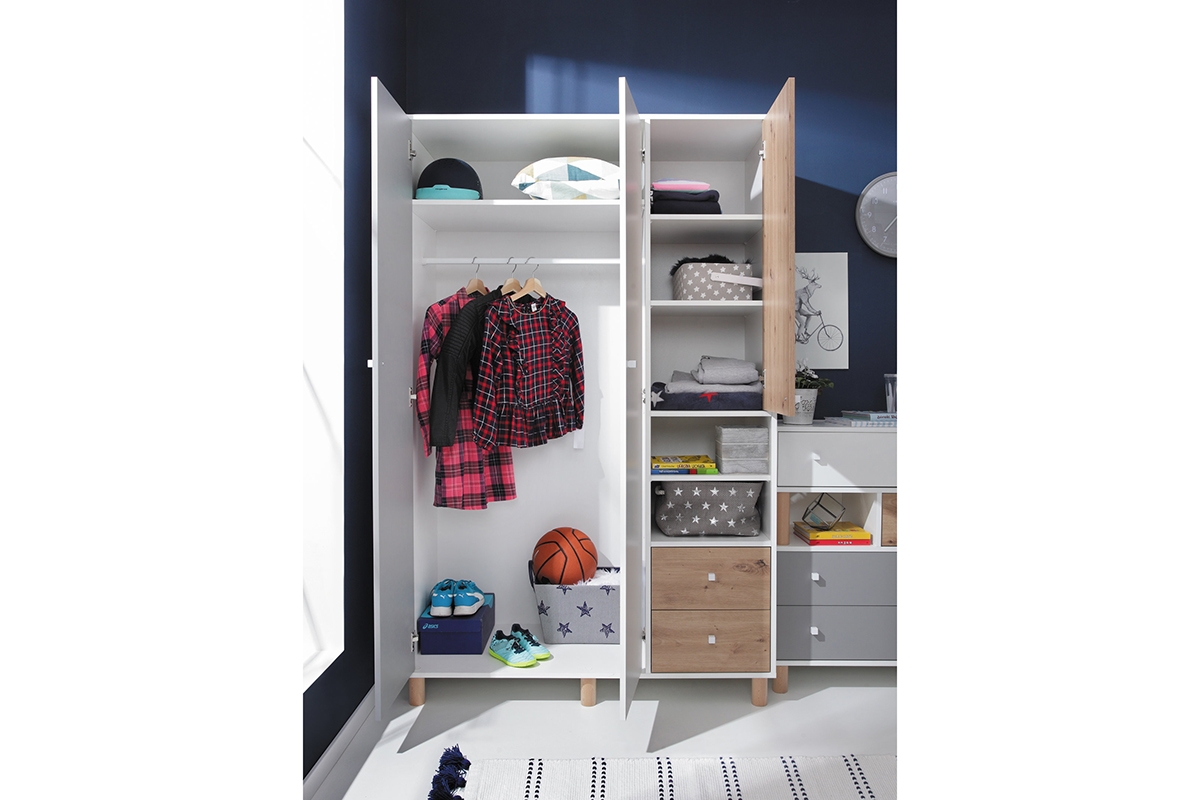 Skriňa trojdverová s dvoma zásuvkami i policami Faro FR1 - biely lux / Dub artisan / šedý Skriňa do izby naStôlatka