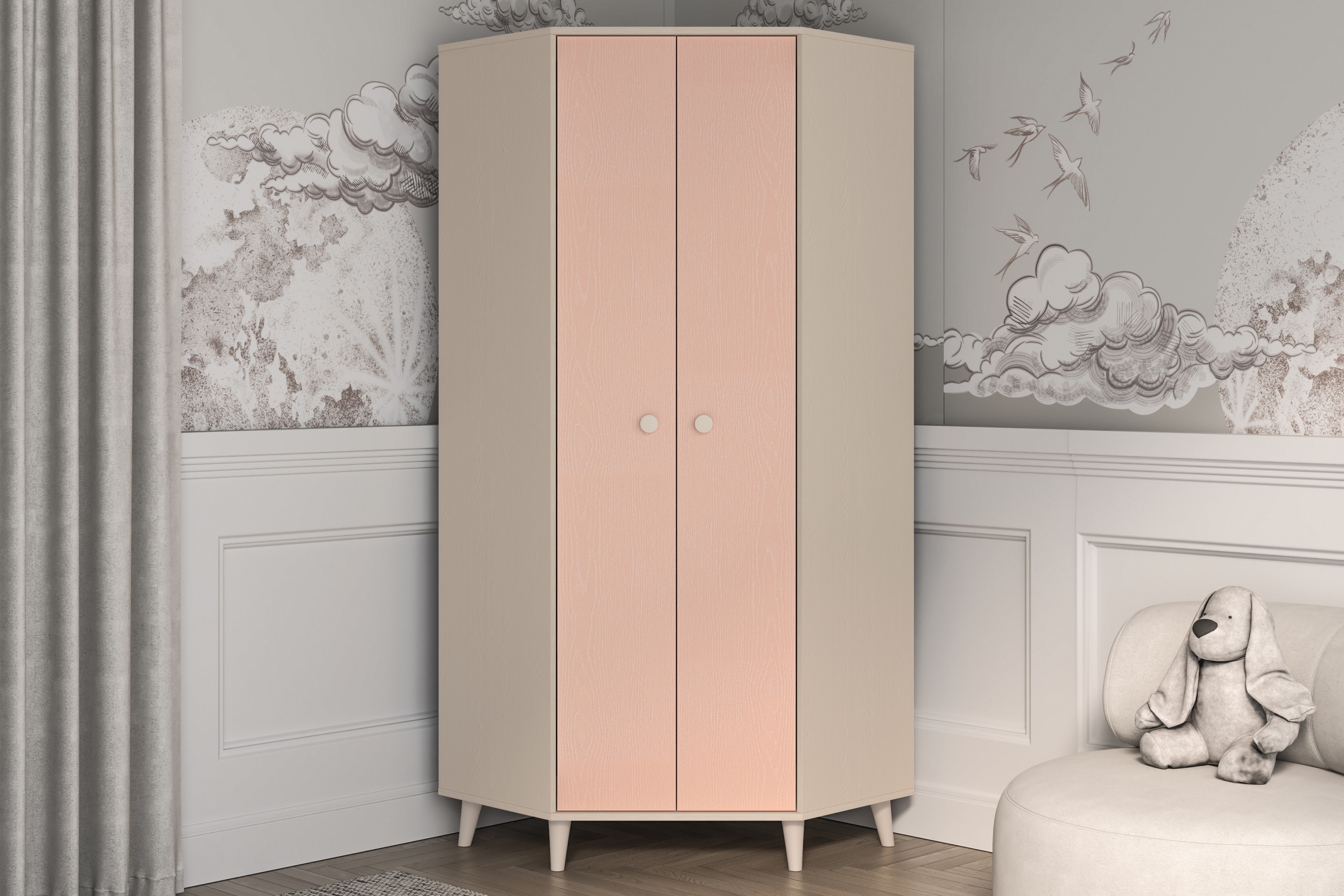 Rohová skriňa do detskej izby Marla 80 cm - púštny piesok / ružová Rohová skriňa Marla 80 cm - piasek pustyni / millenial pink