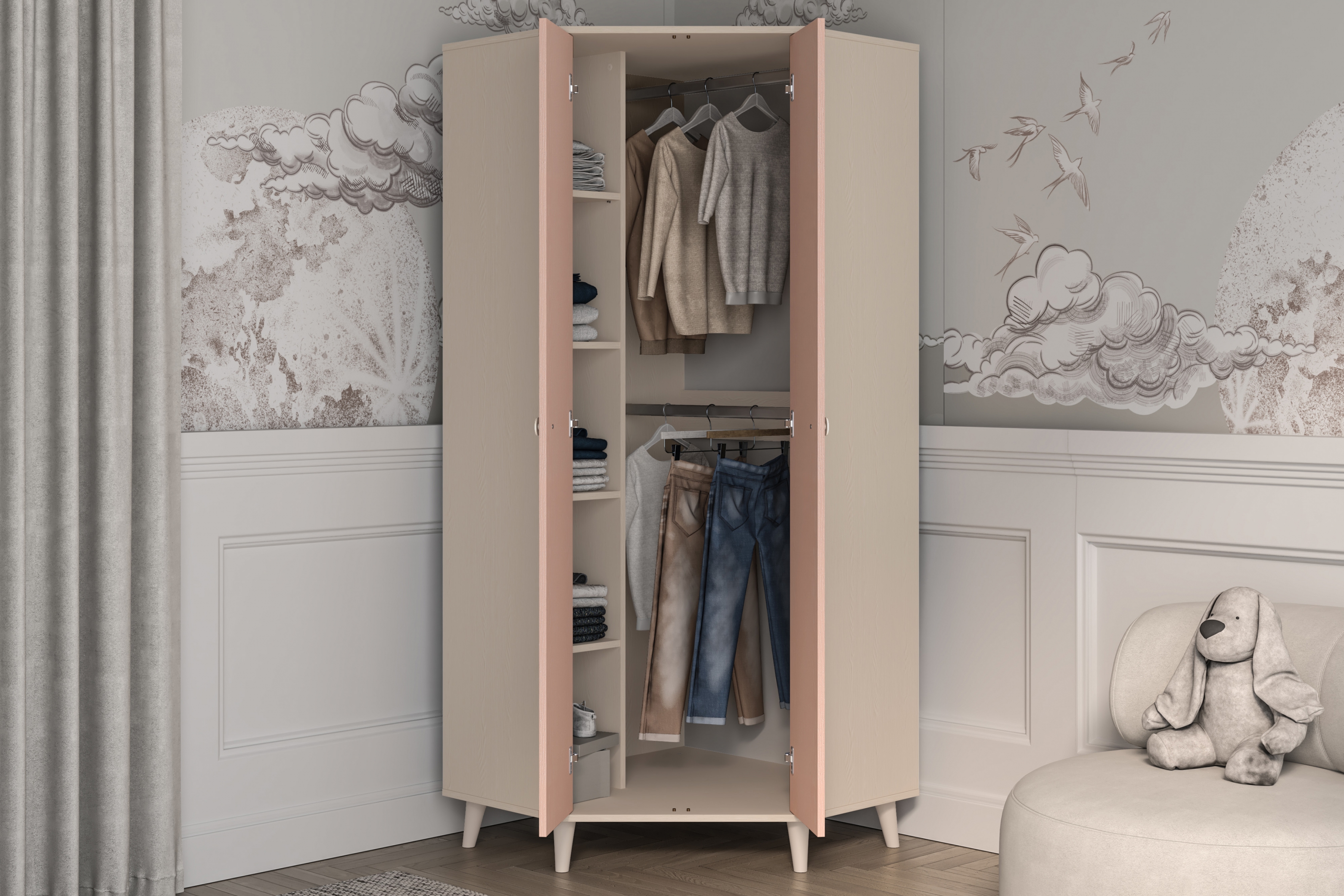 Rohová skriňa do detskej izby Marla 80 cm - púštny piesok / ružová Rohová skriňa Marla 80 cm - piasek pustyni / millenial pink