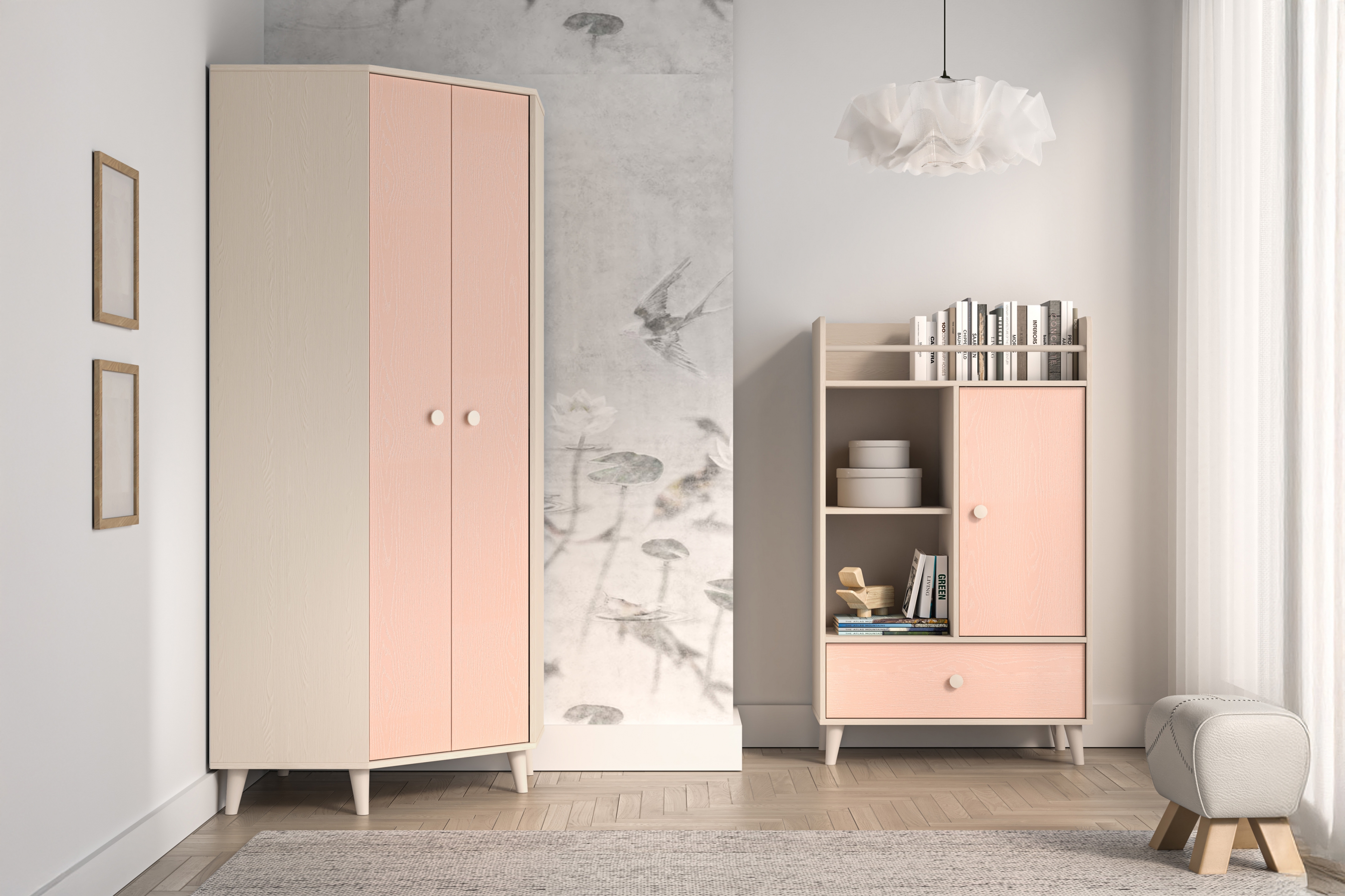 Rohová skriňa do detskej izby Marla 80 cm - púštny piesok / ružová Rohová skriňa Marla 80 cm - piasek pustyni / millenial pink