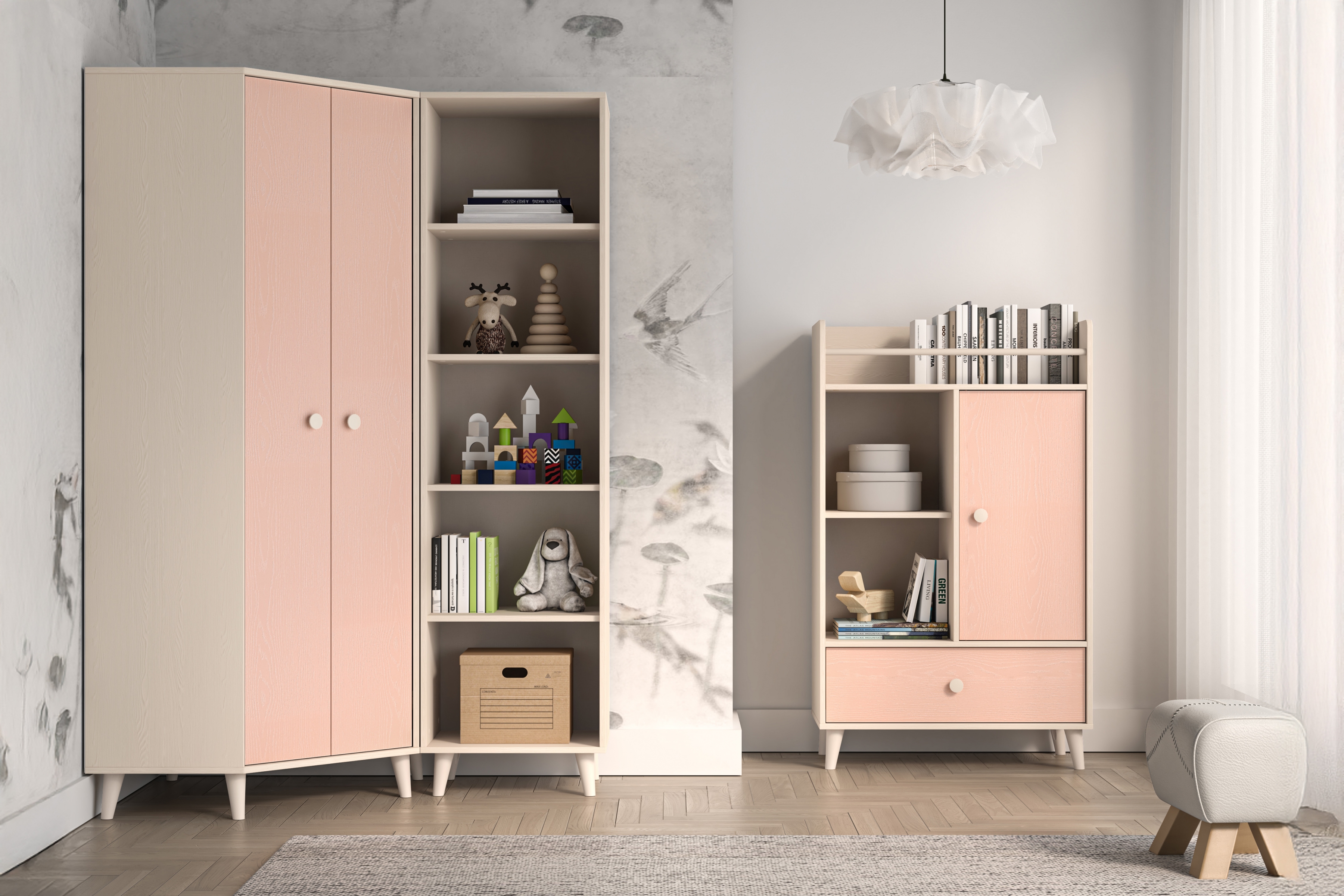 Rohová skriňa do detskej izby Marla 80 cm - púštny piesok / ružová Rohová skriňa Marla 80 cm - piasek pustyni / millenial pink