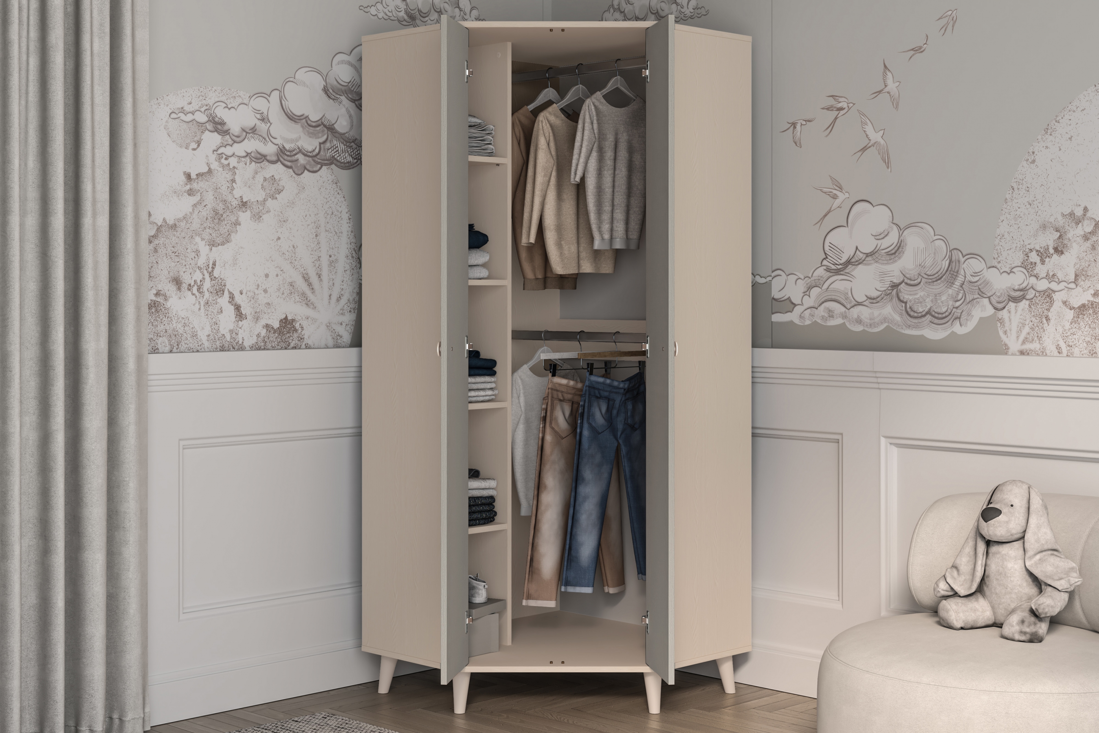 Dětská rohová skříň Marla 80 cm - pouštní písek / šedá pallad skříň rohová Marla 80 cm - piasek pustyni / šedá pallad