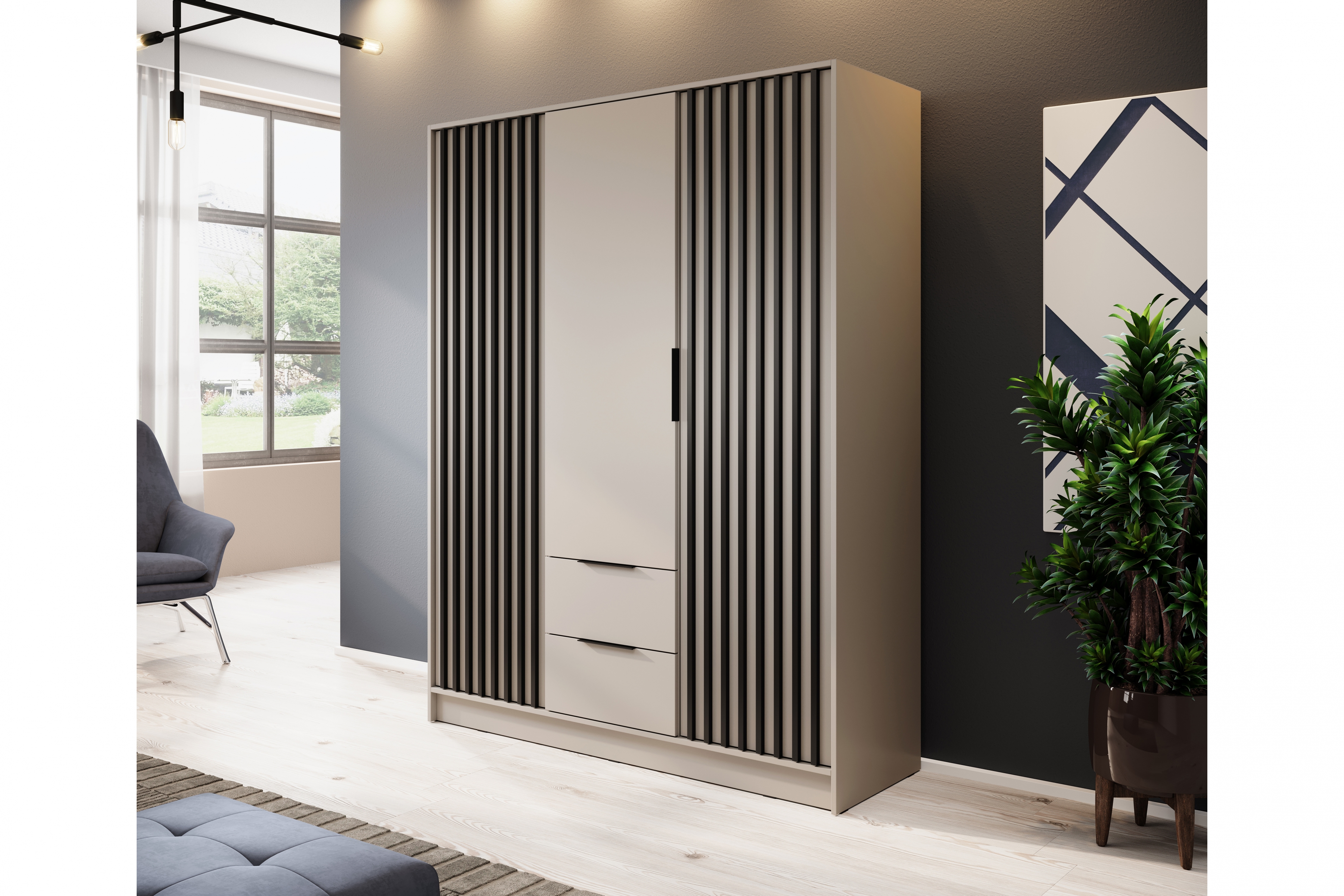 skříň Neria 155 cm - kašmír / černá skříň Neria 155 cm - kašmír / černá