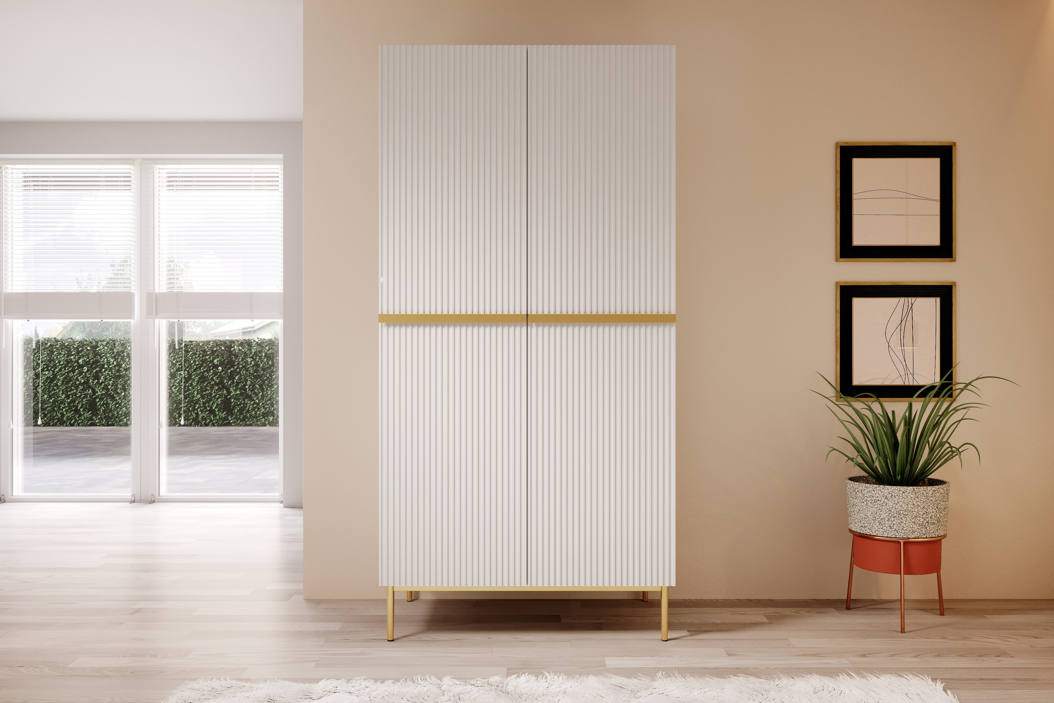 Skříň Nicole 100 cm - bílý mat / zlaté nožky skříň Nicole 100 cm z policemi - bílý mat / zlote nozki