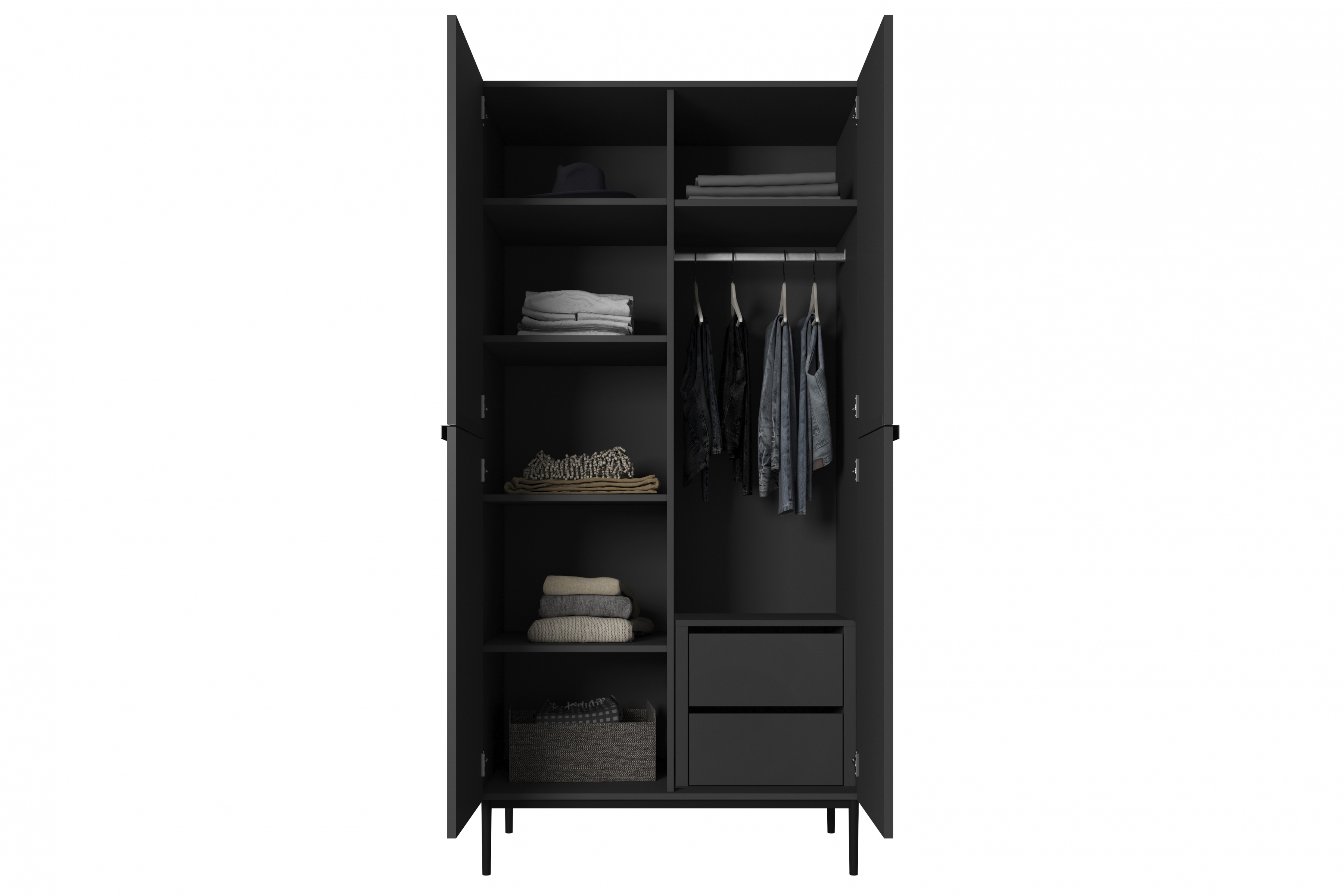 Skříň Nicole se zásuvkami 100 cm - černý mat / černé nožky skříň Nicole 100 cm z policemi i zásuvkami - černá mat / černá nozki