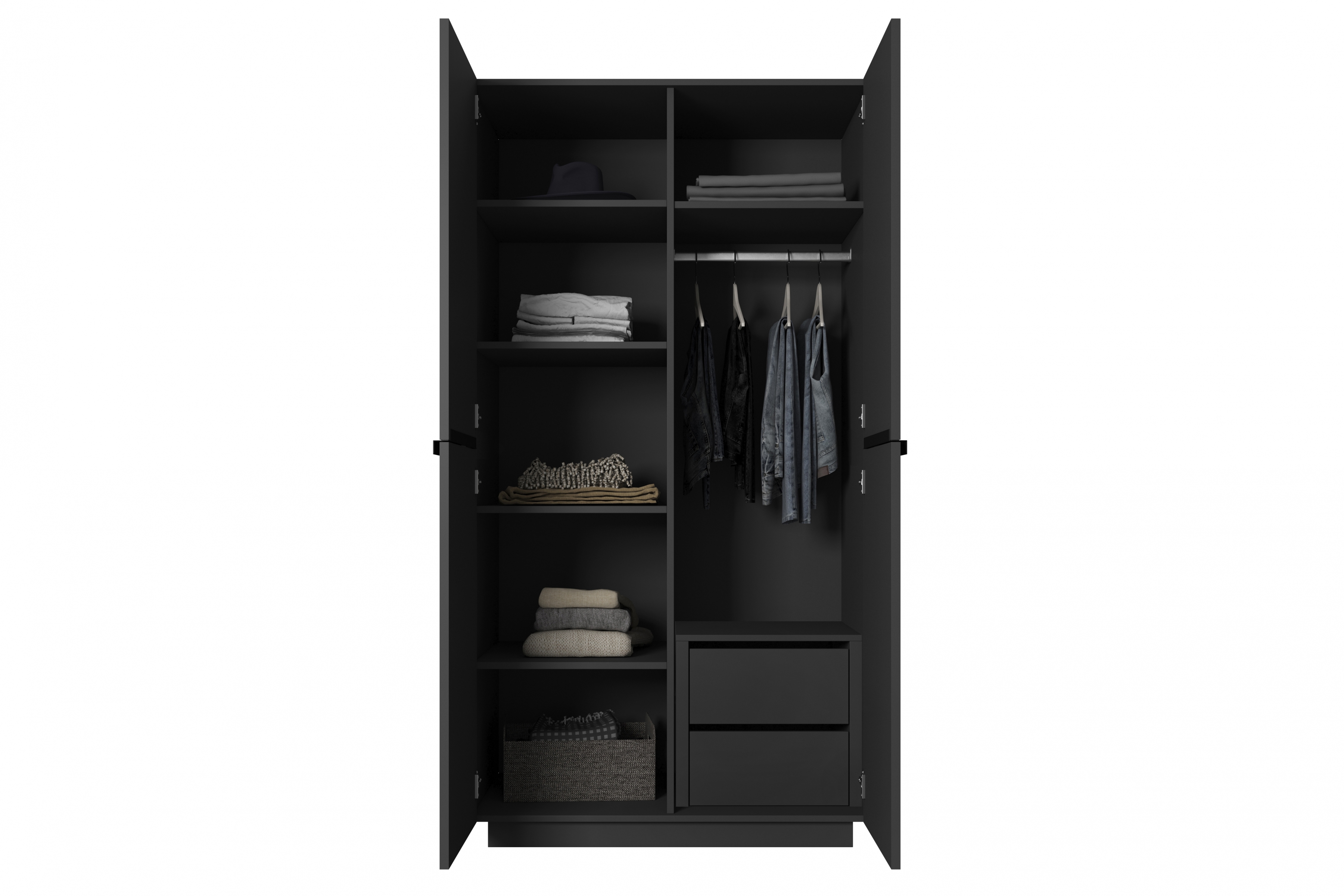 Skříň Nicole 100 cm se zásuvkami - černý mat / černé úchytky skříň Nicole 100 cm z policemi i zásuvkami - černá mat / černá Úchytky