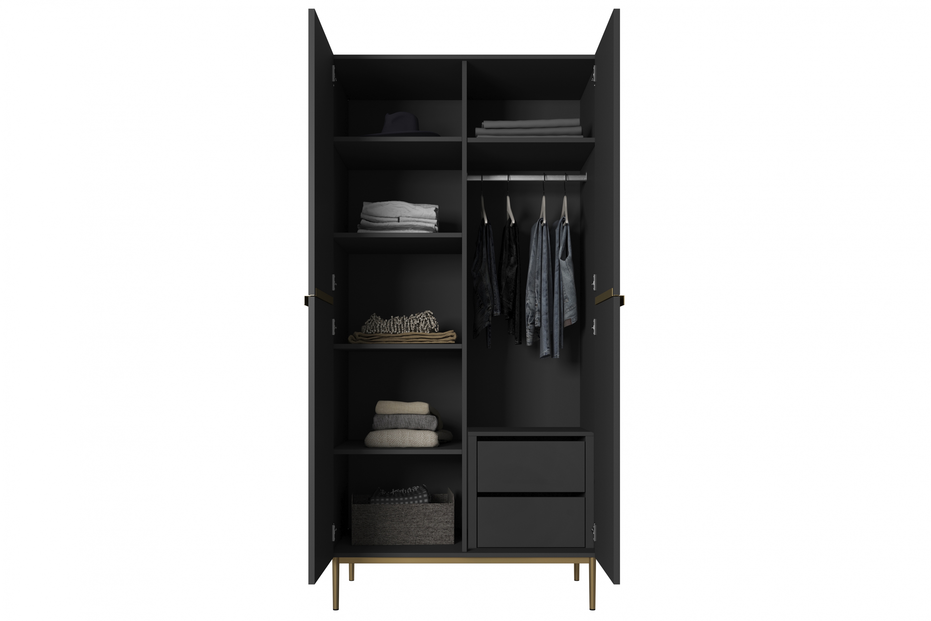 Skříň Nicole se zásuvkami 100 cm - černý mat / zlaté nožky skříň Nicole 100 cm z policemi i zásuvkami - černá mat / zlote nozki