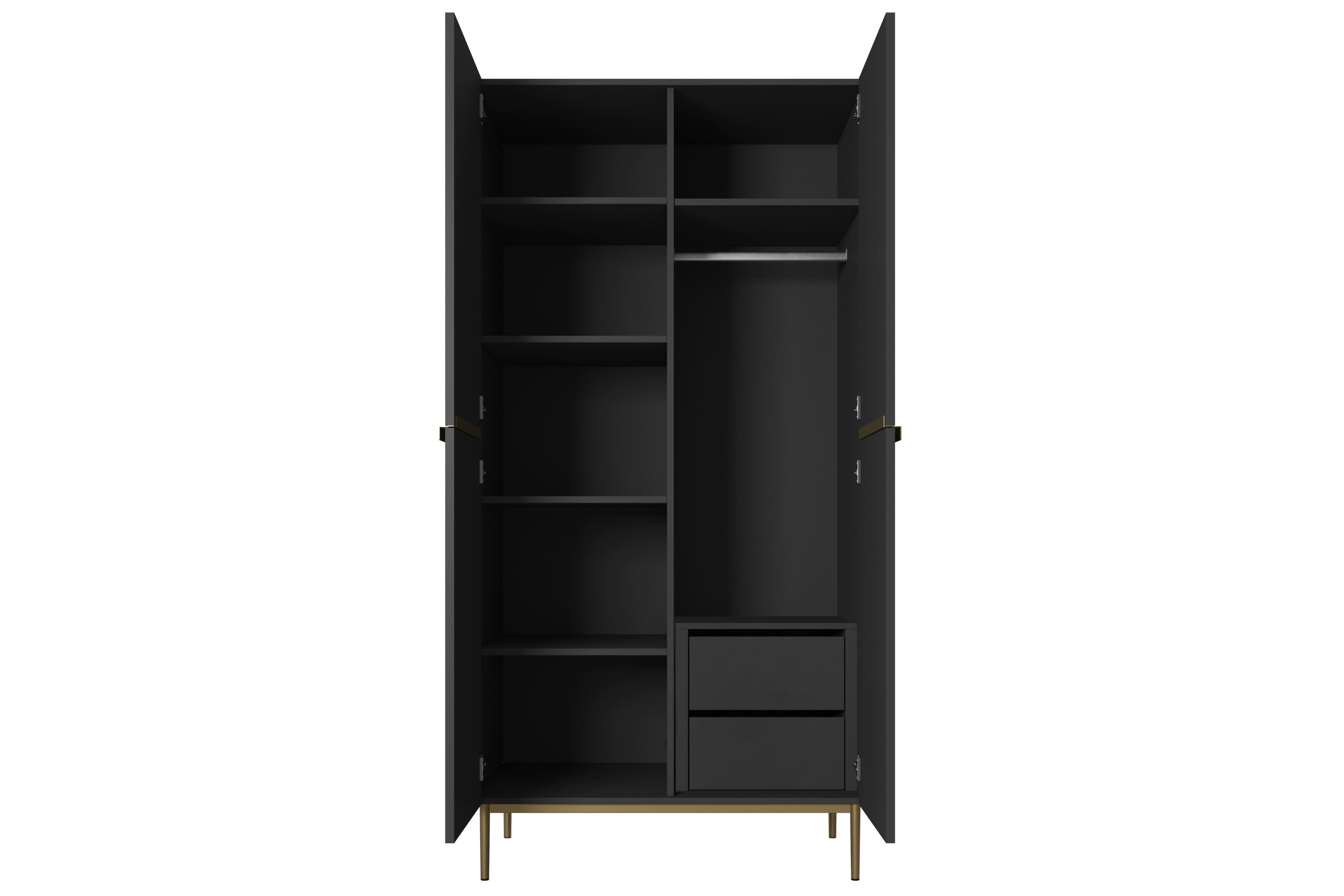 Skříň Nicole se zásuvkami 100 cm - černý mat / zlaté nožky skříň Nicole 100 cm z policemi i zásuvkami - černá mat / zlote nozki