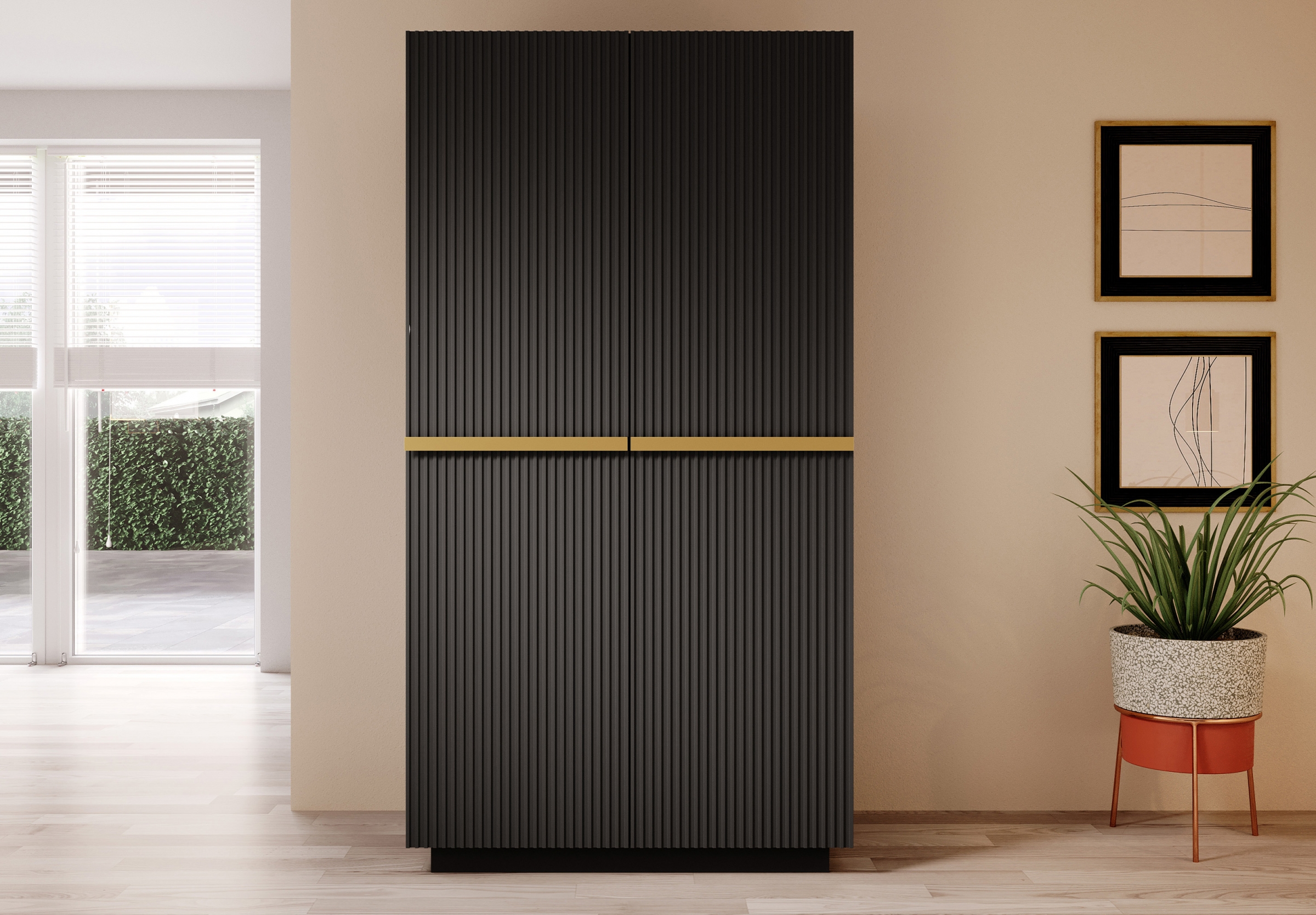Skriňa Nicole 100 cm na sokli s ukrytými zásuvkami - čierny mat / zlaté úchytky Skriňa Nicole 100 cm so zásuvkami - Čierny mat / zlote úchyty