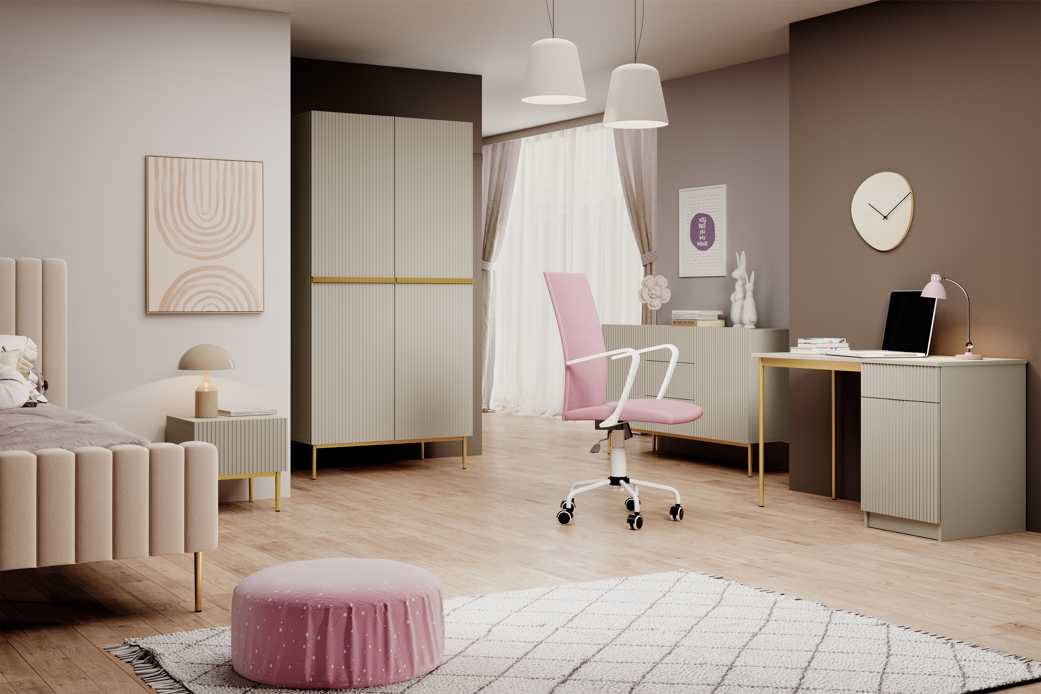 Skriňa Nicole s ukrytými zásuvkami a kovovými nožičkami 100 cm - kašmírová / zlaté nožičky Skriňa Nicole 100 cm so zásuvkami i metalowymi nogami - kašmír / zlote nozki