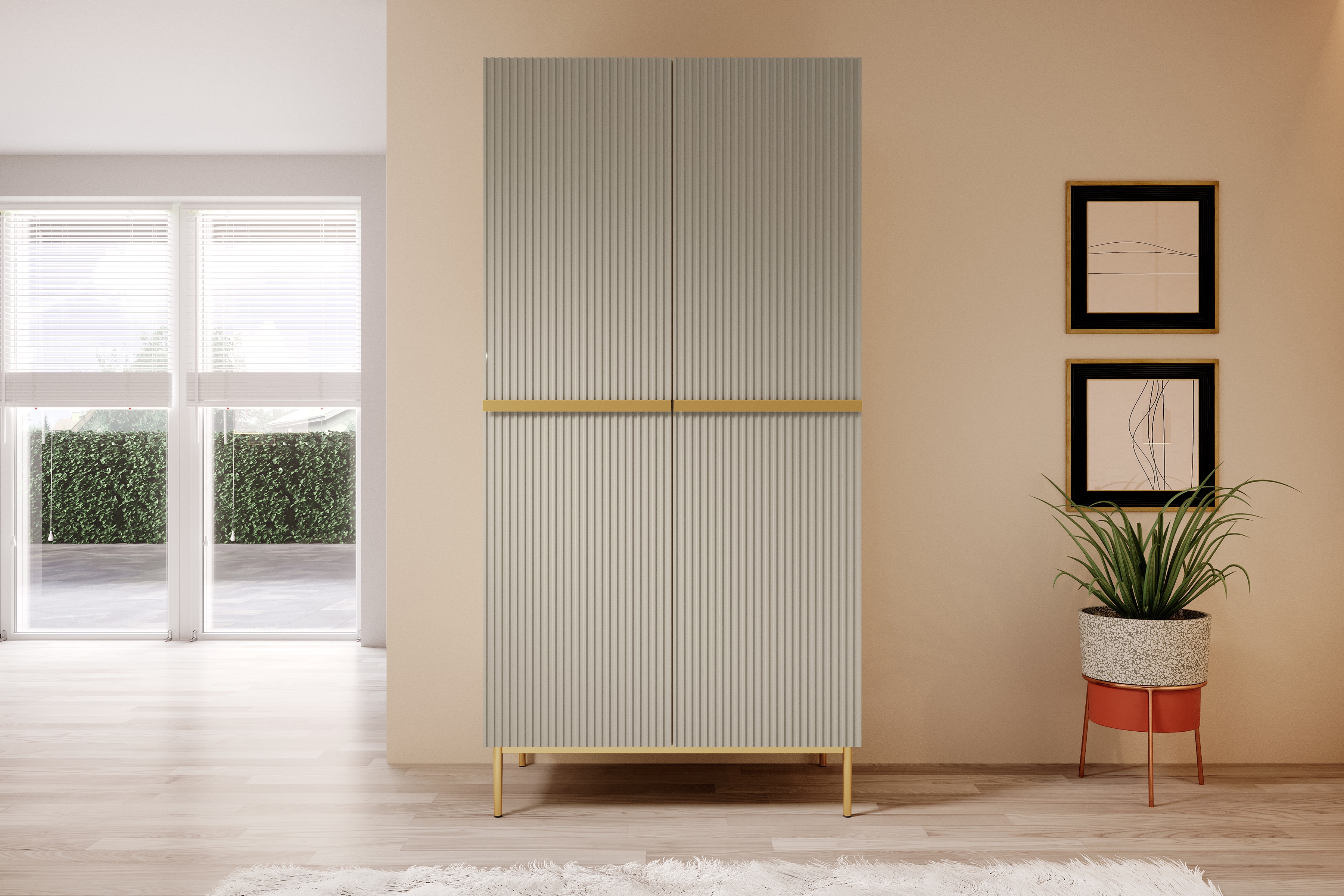 Skriňa Nicole s ukrytými zásuvkami a kovovými nožičkami 100 cm - kašmírová / zlaté nožičky Skriňa Nicole 100 cm so zásuvkami i metalowymi nogami - kašmír / zlote nozki