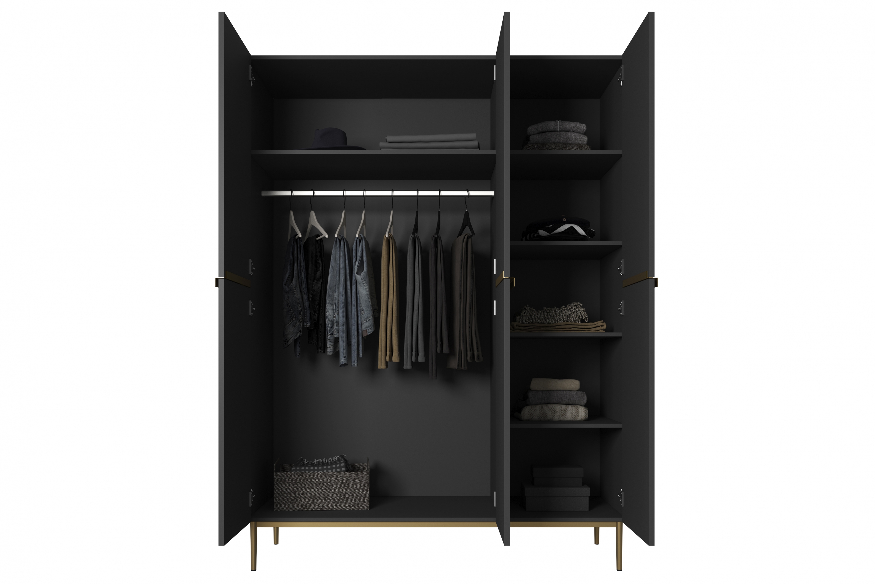 Skriňa Nicole 150 cm na nožičkách - čierny mat / zlatá Skriňa Nicole 150 cm z policami - Čierny mat / zlote nozki