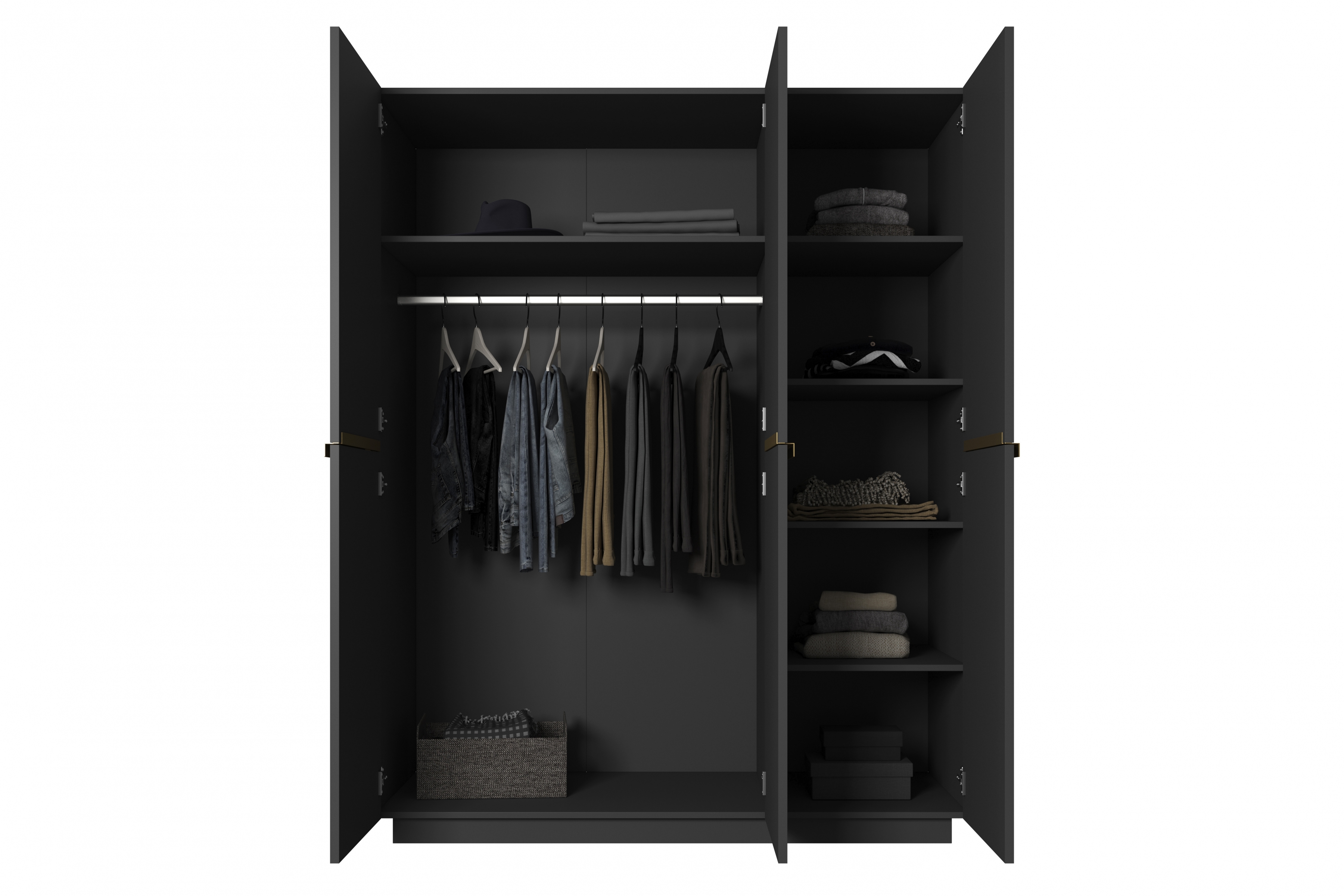 Skriňa Nicole 150 cm na sokli - čierny mat / zlaté úchytky Skriňa Nicole 150 cm z policami - Čierny mat / zlote úchyty