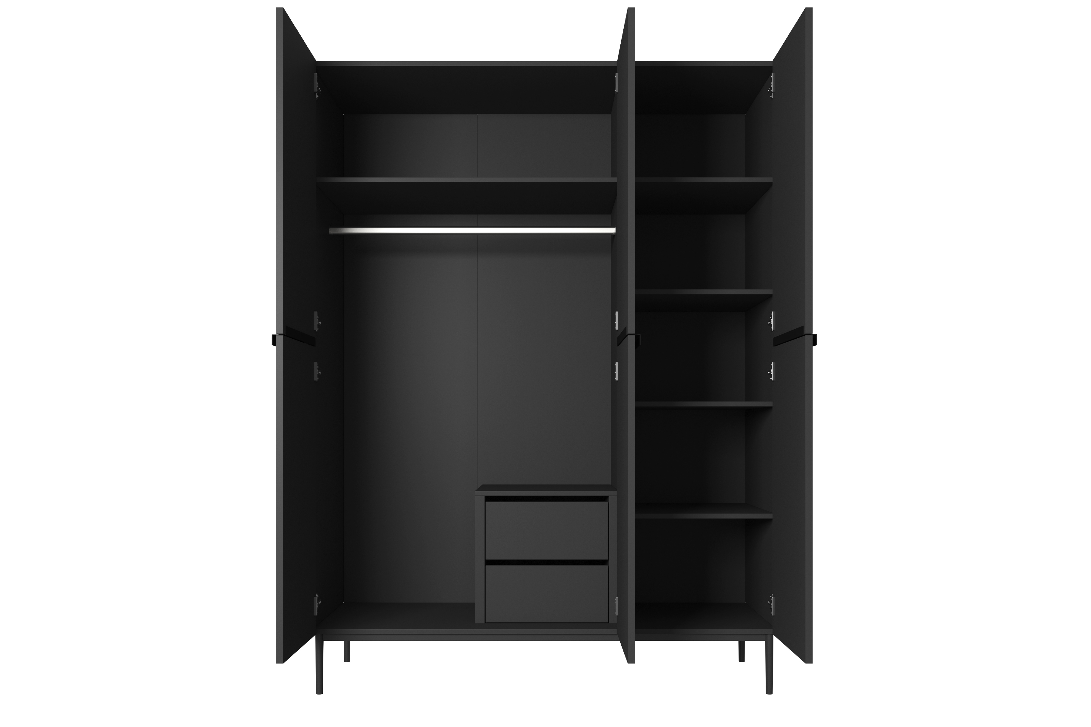 Šatní skříň Nicole 150 cm se zásuvkami - černý mat / černé nožky skříň Nicole 150 cm z policemi i zásuvkami - černá mat / černá nozki