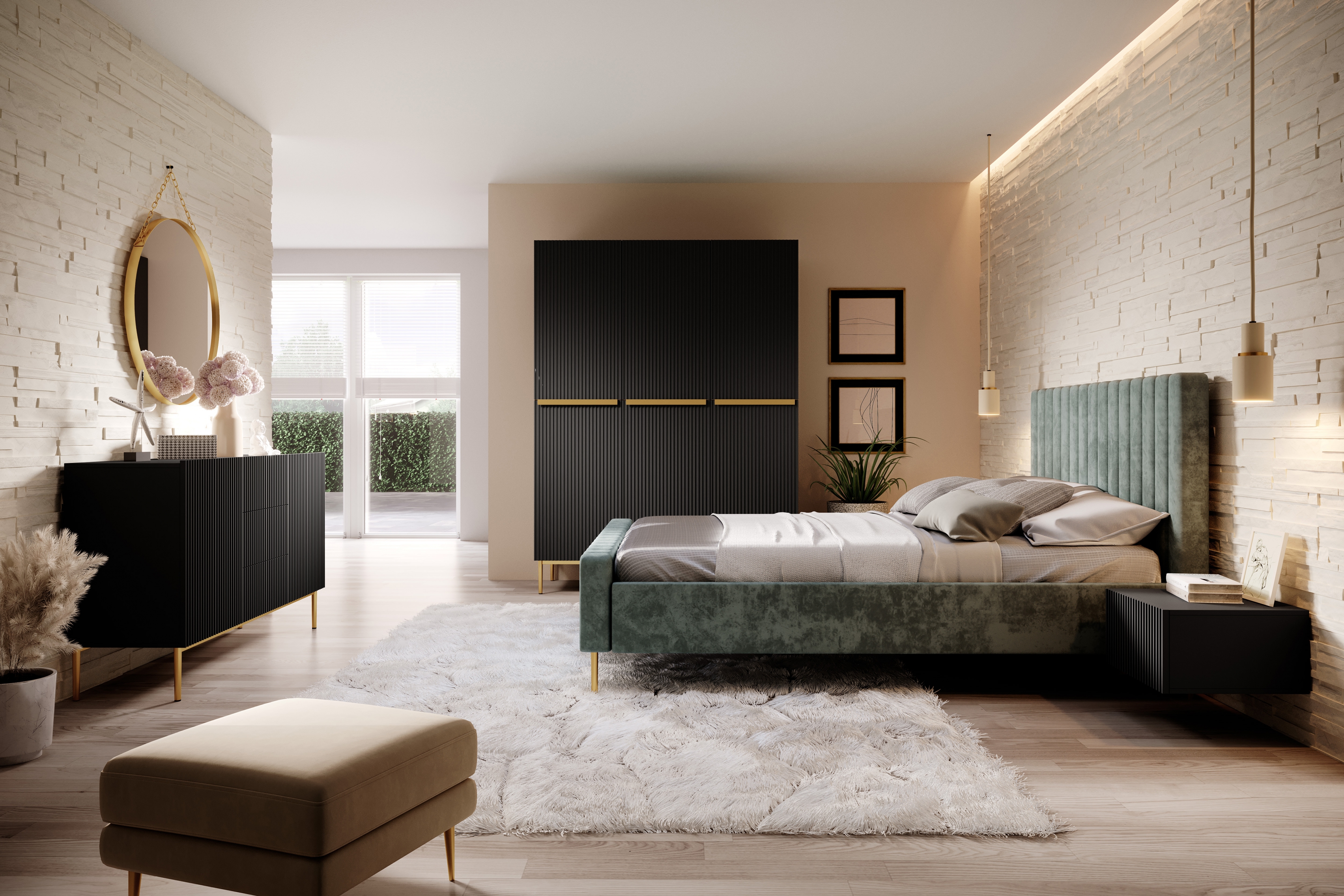 Skriňa Nicole 150 cm s ukrytými zásuvkami - čierny mat / zlaté nožičky Skriňa Nicole 150 cm z policami i zásuvkami - Čierny mat / zlote nozki