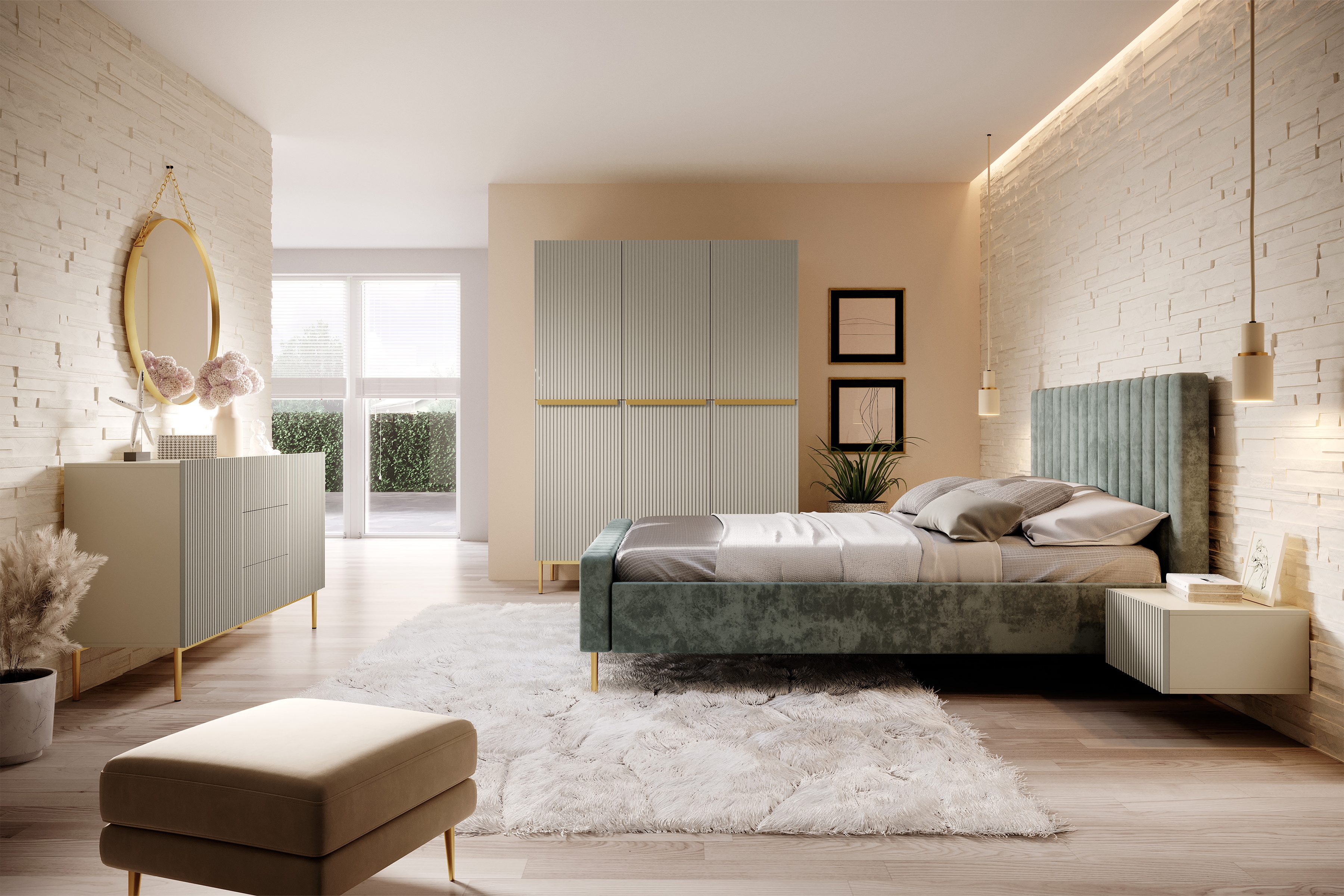 Skriňa Nicole 150 cm s ukrytými zásuvkami - kašmírová / zlaté nožičky Skriňa Nicole 150 cm z policami i zásuvkami - kašmír / zlote nozki