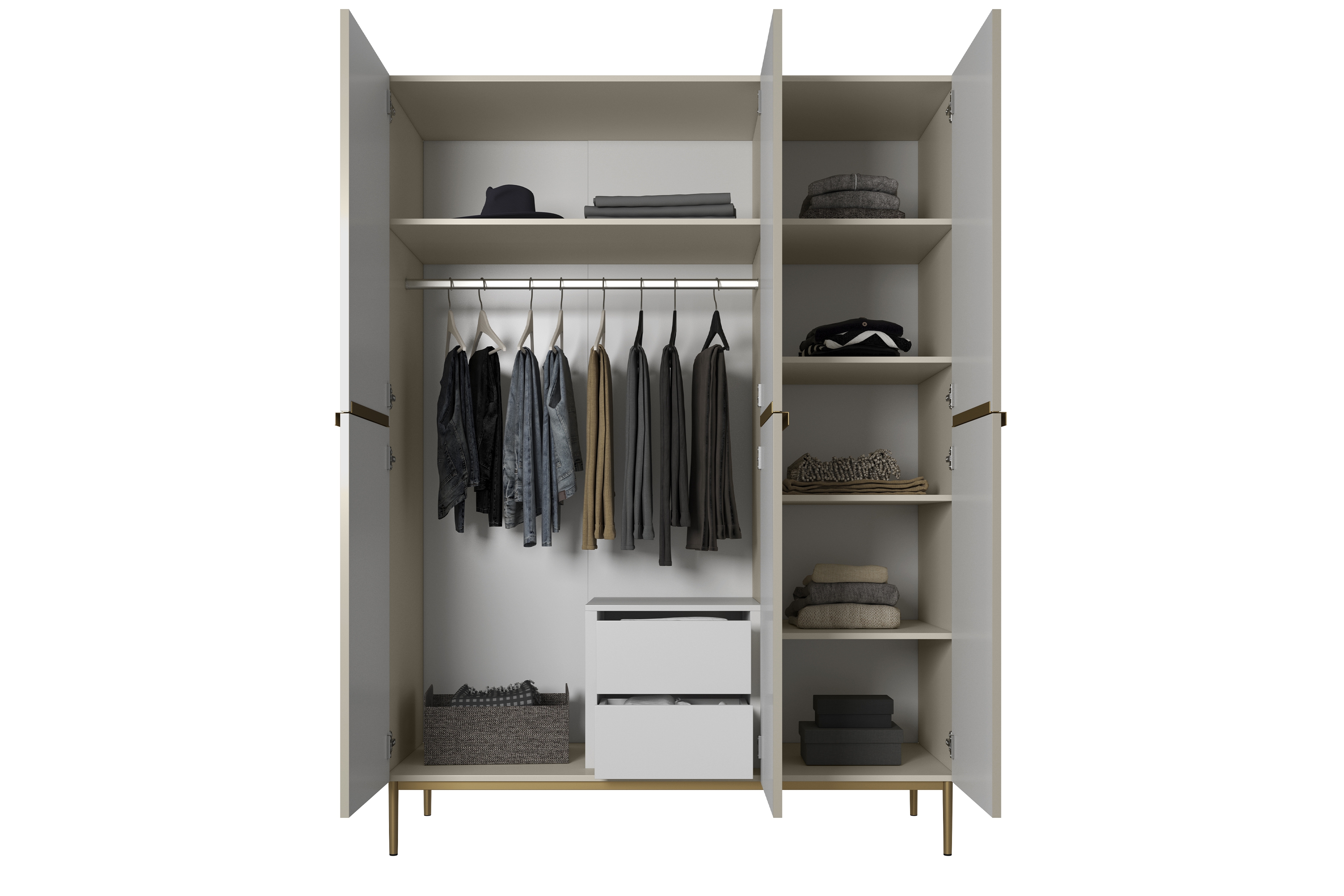 Skriňa Nicole 150 cm s ukrytými zásuvkami - kašmírová / zlaté nožičky Skriňa Nicole 150 cm z policami i zásuvkami - kašmír / zlote nozki