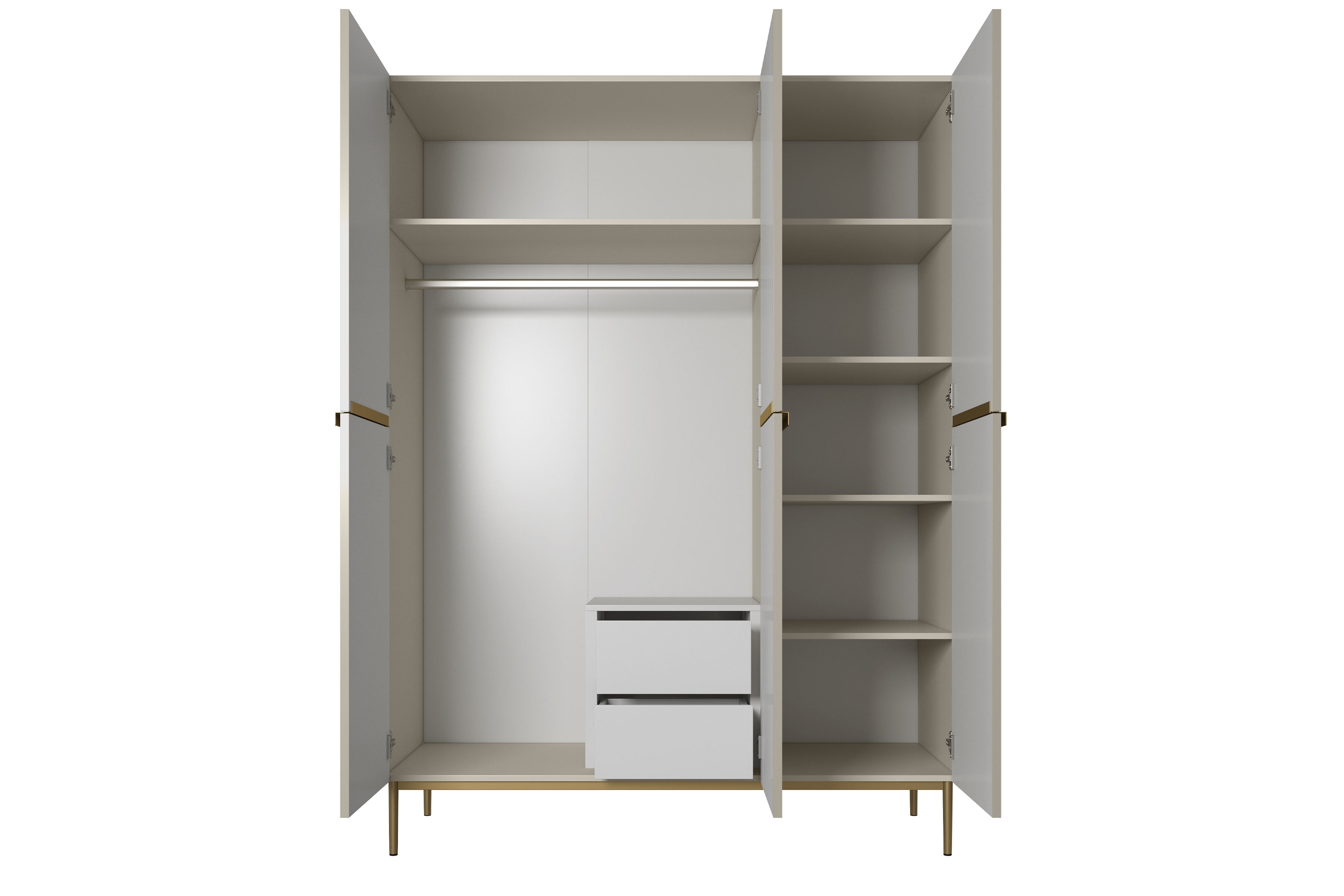 Skriňa Nicole 150 cm s ukrytými zásuvkami - kašmírová / zlaté nožičky Skriňa Nicole 150 cm z policami i zásuvkami - kašmír / zlote nozki