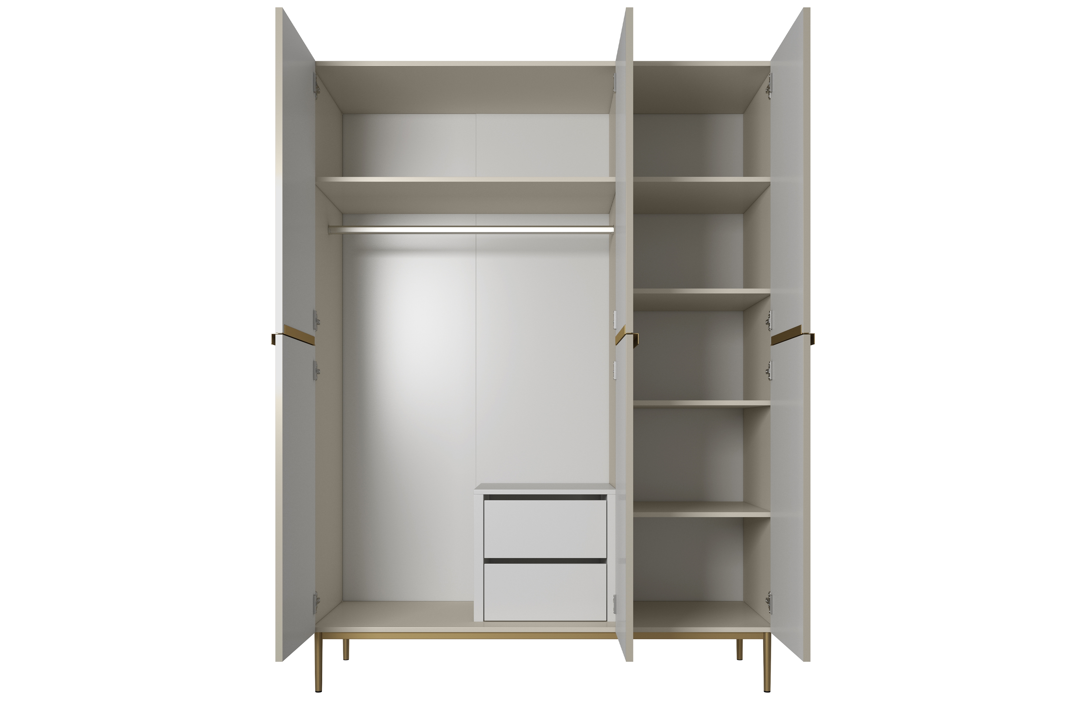 Skriňa Nicole 150 cm s ukrytými zásuvkami - kašmírová / zlaté nožičky Skriňa Nicole 150 cm z policami i zásuvkami - kašmír / zlote nozki