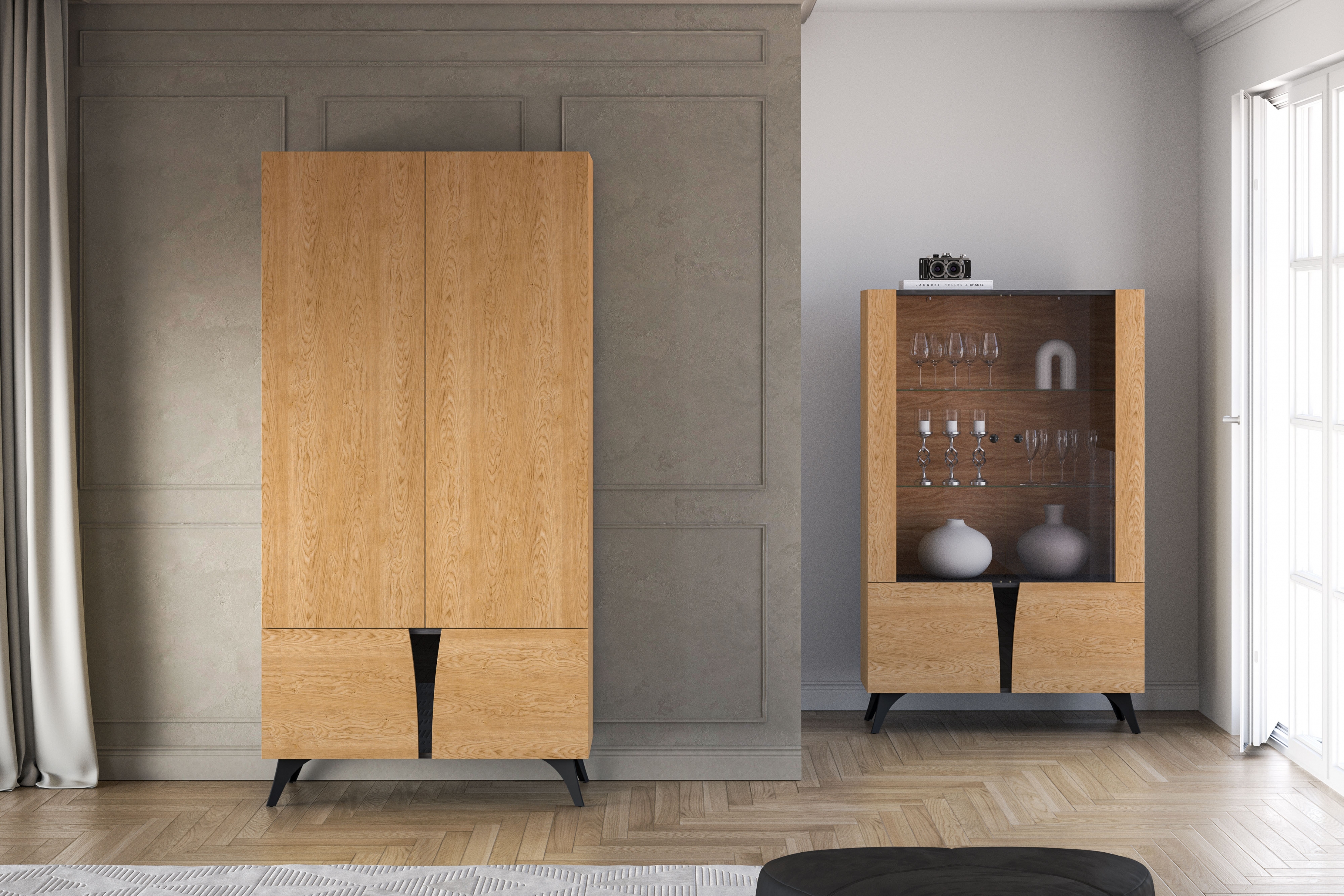 Šatní skříň s otočnými dveřmi Natina 01 95 cm - dub baltic dune skříň otvírána Natina 95 cm - dub baltic dune / jasan portland černá