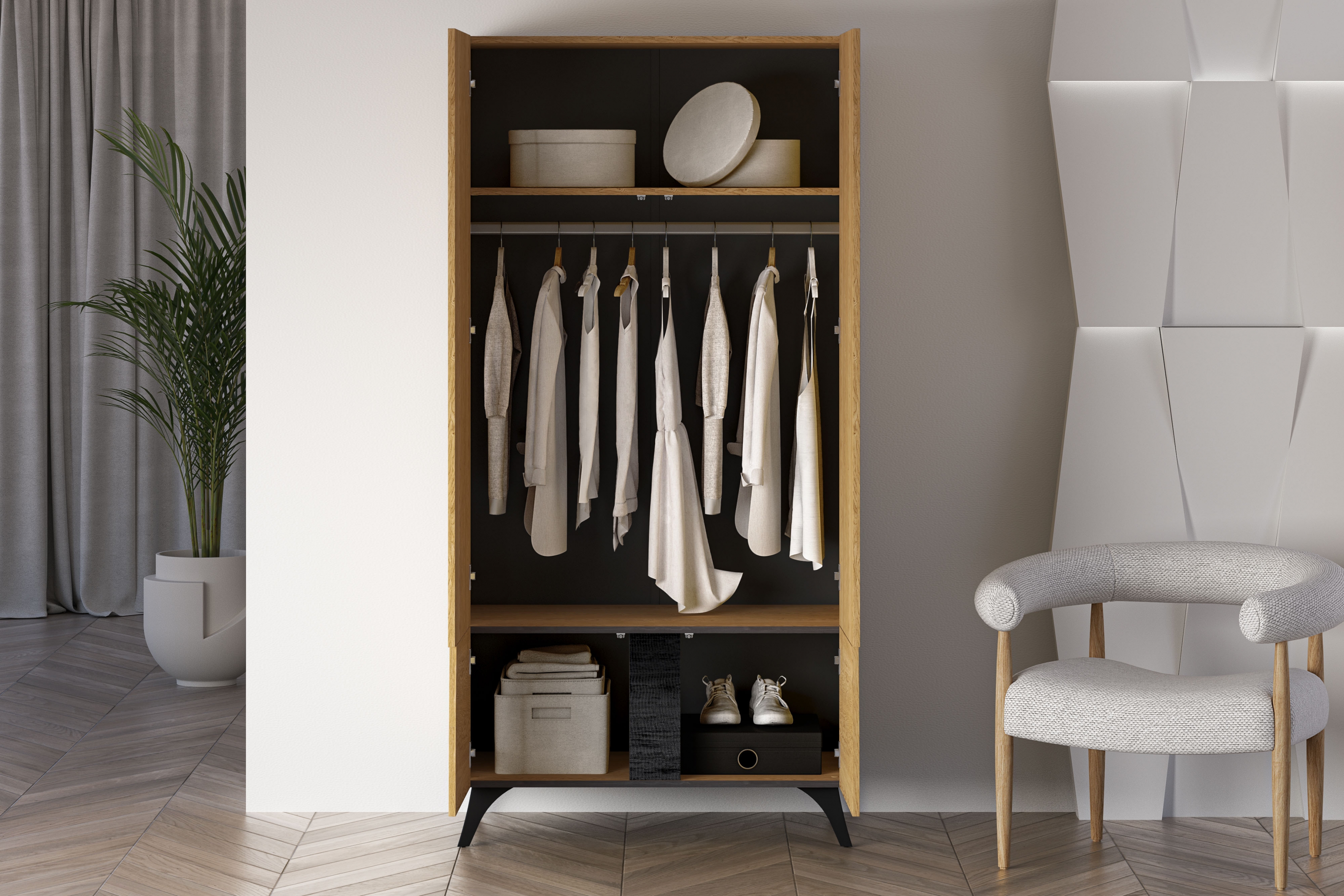 Šatní skříň s otočnými dveřmi Natina 01 95 cm - dub baltic dune skříň otvírána Natina 95 cm - dub baltic dune / jasan portland černá