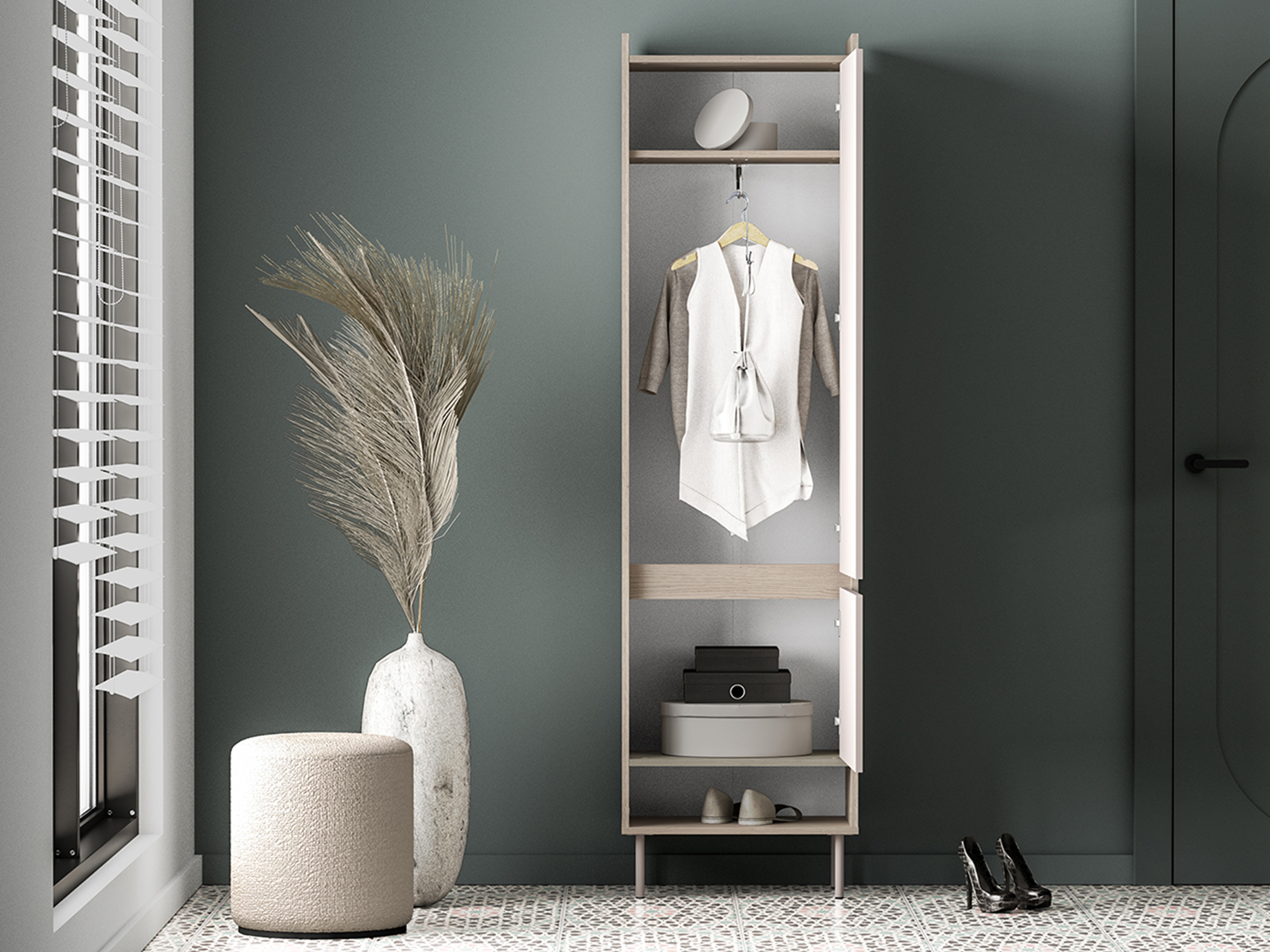 Šatní skříň s otočnými dveřmi Tivano 01 54 cm - kašmír / dub cremona skříň otvírána Voco 01 54 cm - kašmír / dub cremona