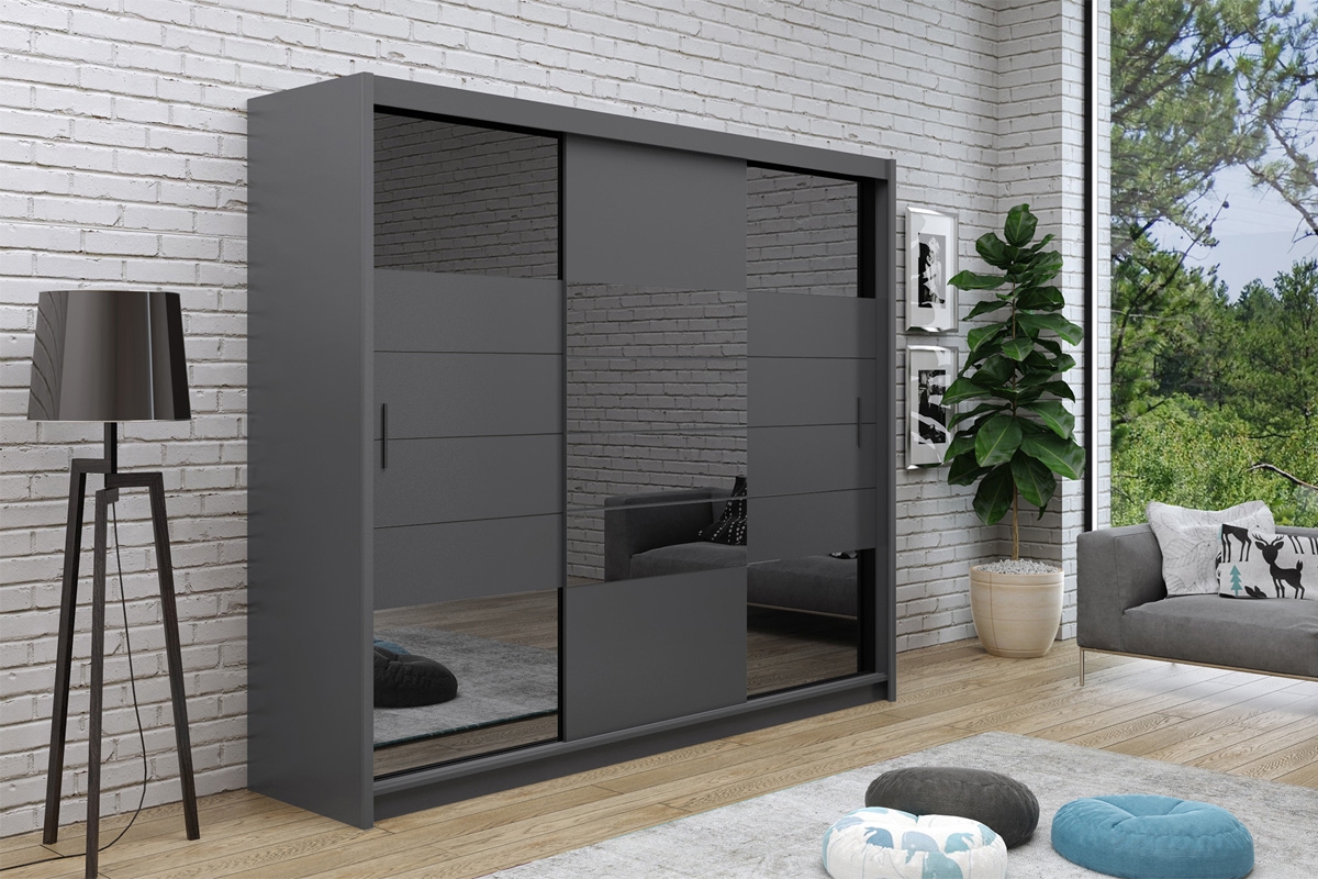 Šatní skříň Aruba 2 250 cm s posuvnými dveřmi - grafit / zrcadlo grafit Skříň se zrcadly 