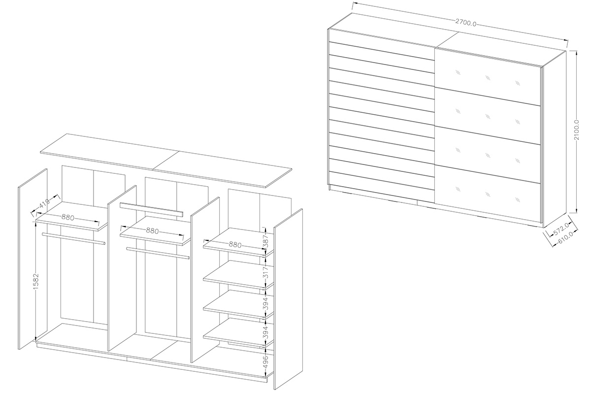 Skriňa s posuvnými dverami Galaxy 69 - abisko ash - 270 cm Skriňa s posuvnými dverami 270 Galaxy 69 - abisko ash - Rozmery