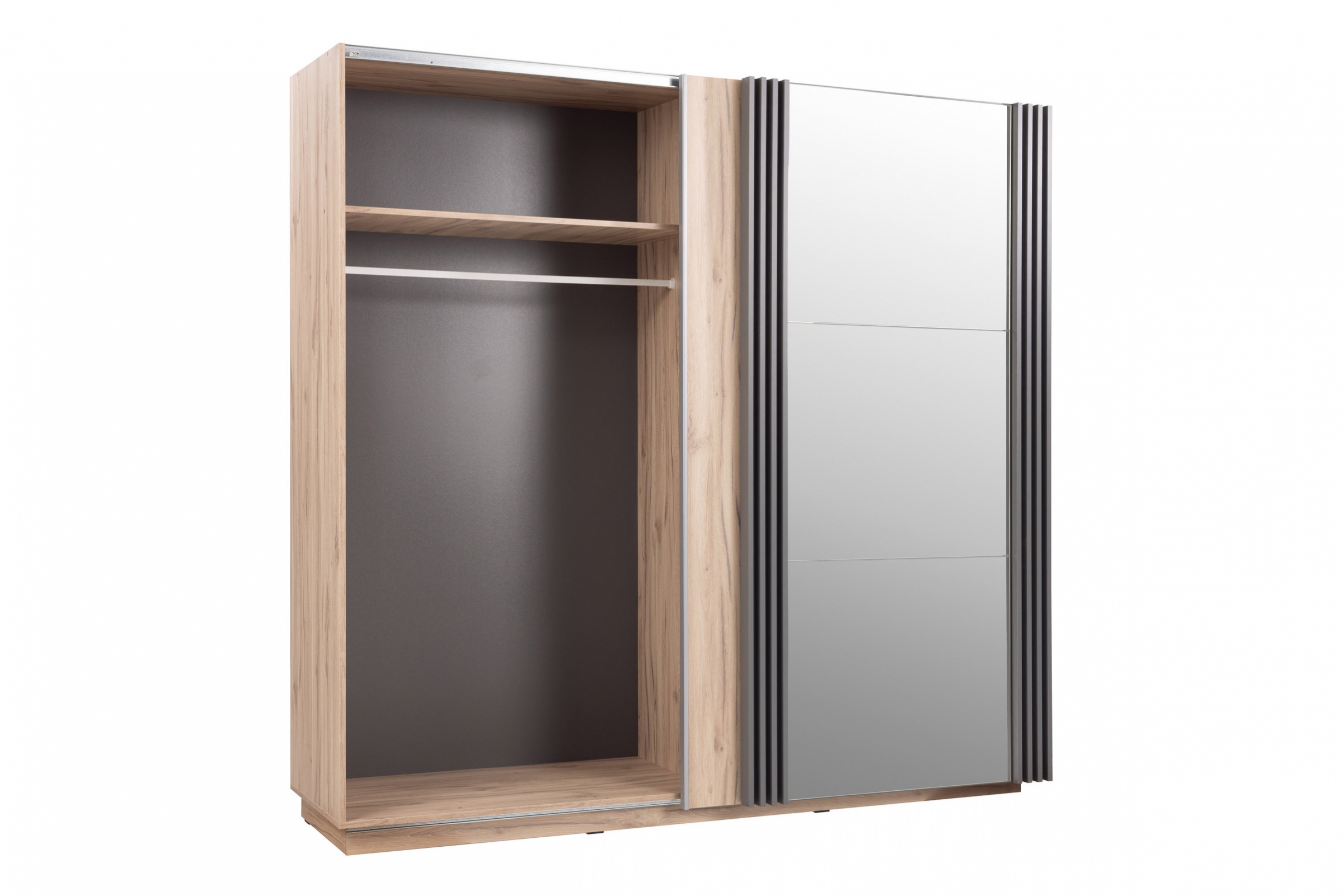 Posuvná šatníková skriňa Allmo AL15 215 cm so zrkadlom - dub estana / antracit Skriňa s posuvnými dverami Allmo AL15 - 215 cm z zrkadlom - Dub estana / Antracytová