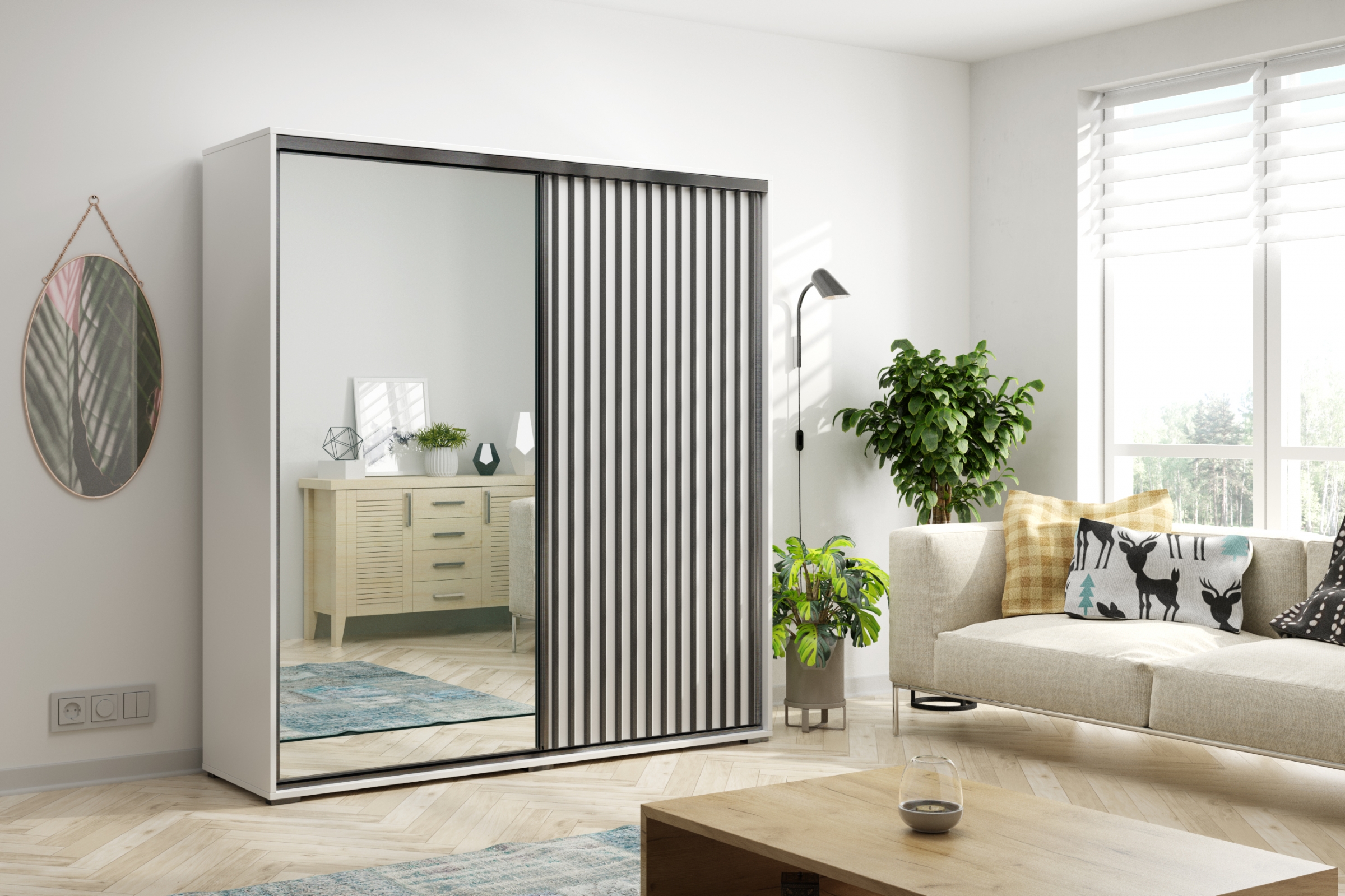 Skříň Manri 150 cm s posuvnými dveřmi a lamelami - bílá / černá Skříň s posuvnými dveřmi Manri z lamelami 150 cm - bílá/černá