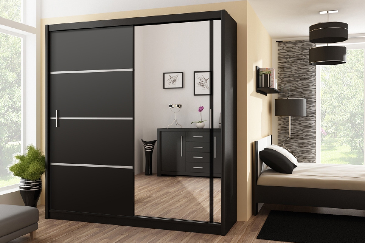 Skříň s posuvnými dveřmi se zrcadlem Vista 203 cm - černý mat Černá Skříň Vista 