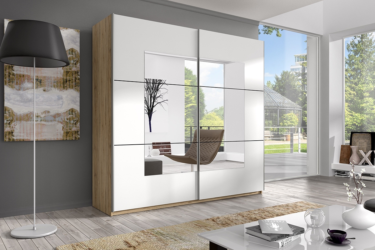 Skriňa s posuvnými dverami so zrkadlom 200 Beta 57 - san remo svetlý / Biely Biela Skriňa do garderoby