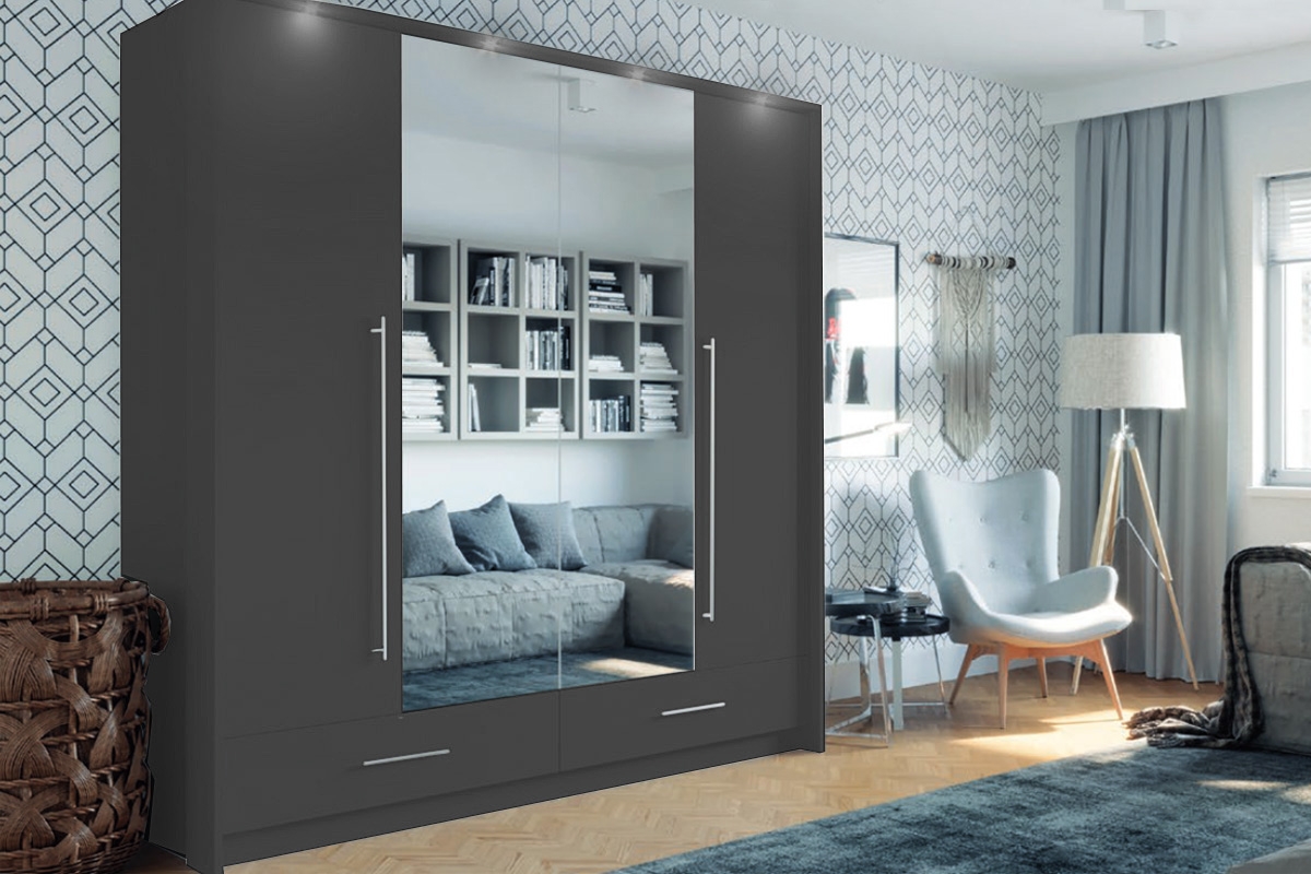 Skriňa do spálne Toledo 210 Grafit/Zrkadlo šedá Skriňa z zrkadlom 
