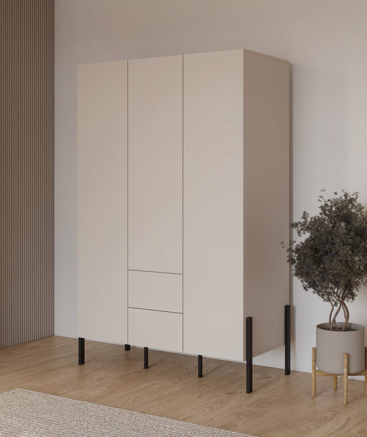 Šatní skříň se zásuvkami Jukon 139 cm - kašmírová / černé nožky skříň třídveřová Jukon 139 cm se zásuvkami - kašmír / černé nožičky