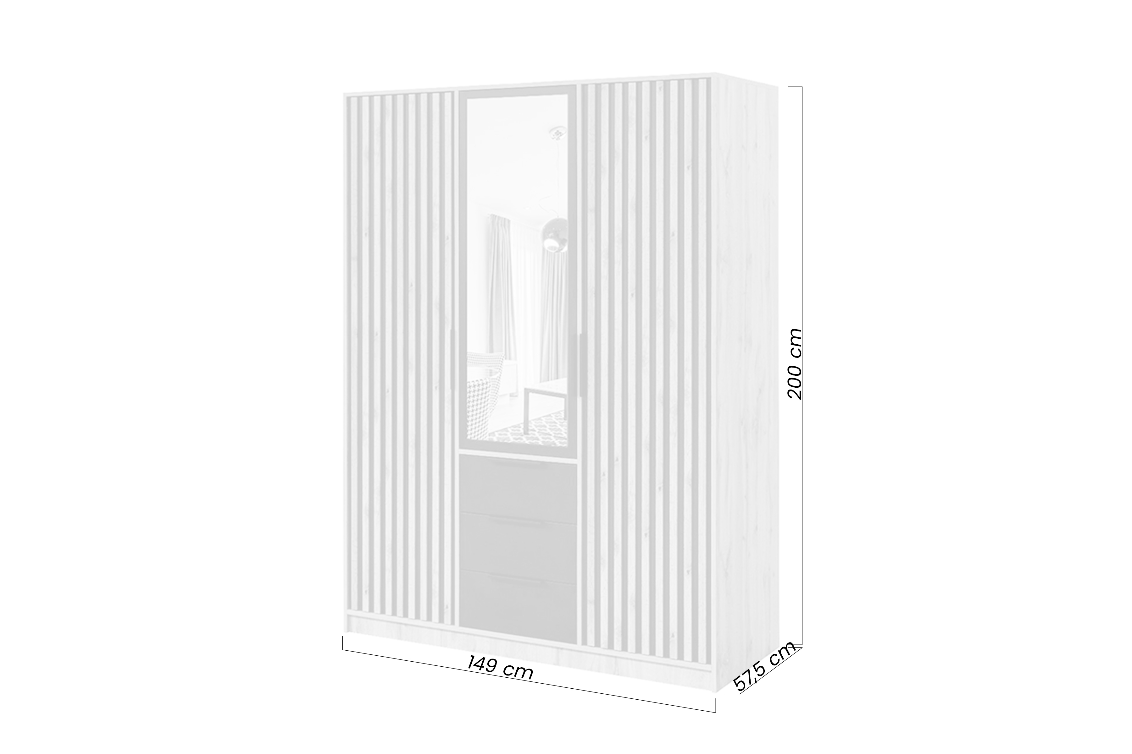 Šatníková skriňa Bali 149 cm s lamelami a zrkadlom - dub wotan / čierna Skriňa trojdverová Lutori 149 cm z lamelami i zrkadlom - Dub wotan / Čierny