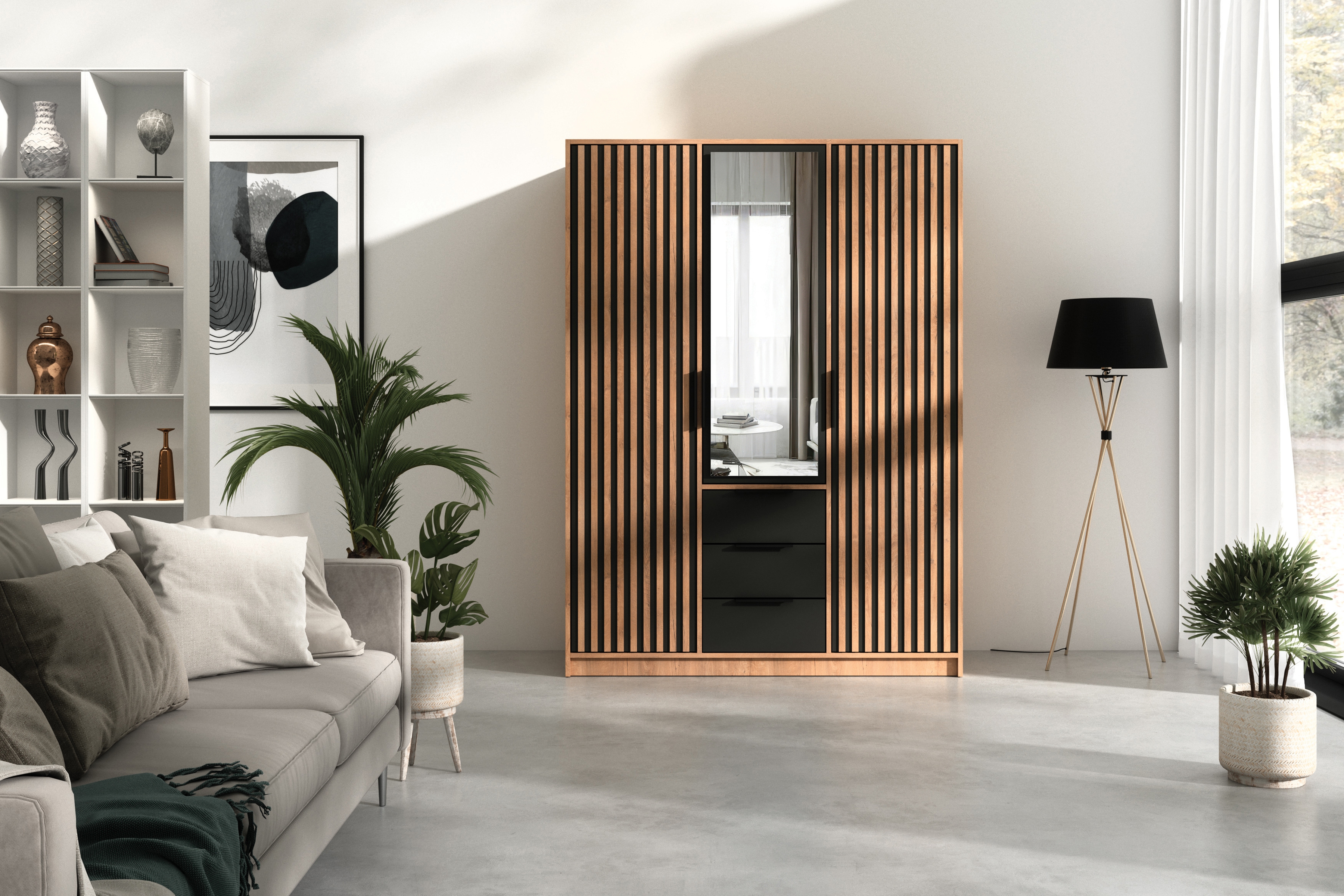 Šatníková skriňa Bali 149 cm s lamelami a zrkadlom - dub wotan / čierna Skriňa trojdverová Lutori 149 cm z lamelami i zrkadlom - Dub wotan / Čierny