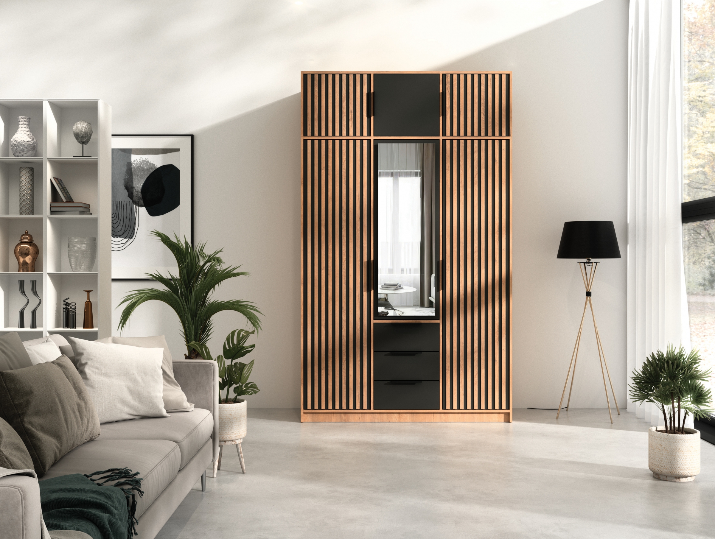 Šatníková skriňa Bali 149 cm s nadstavcom - dub wotan / čierna Skriňa trojdverová Lutori 149 cm z nadstawka - Dub wotan / Čierny