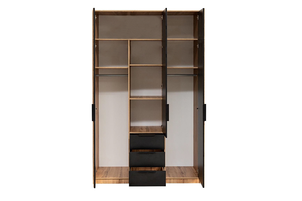 Šatníková skriňa Bali 149 cm s nadstavcom - dub wotan / čierna Skriňa trojdverová Lutori 149 cm z nadstawka - Dub wotan / Čierny