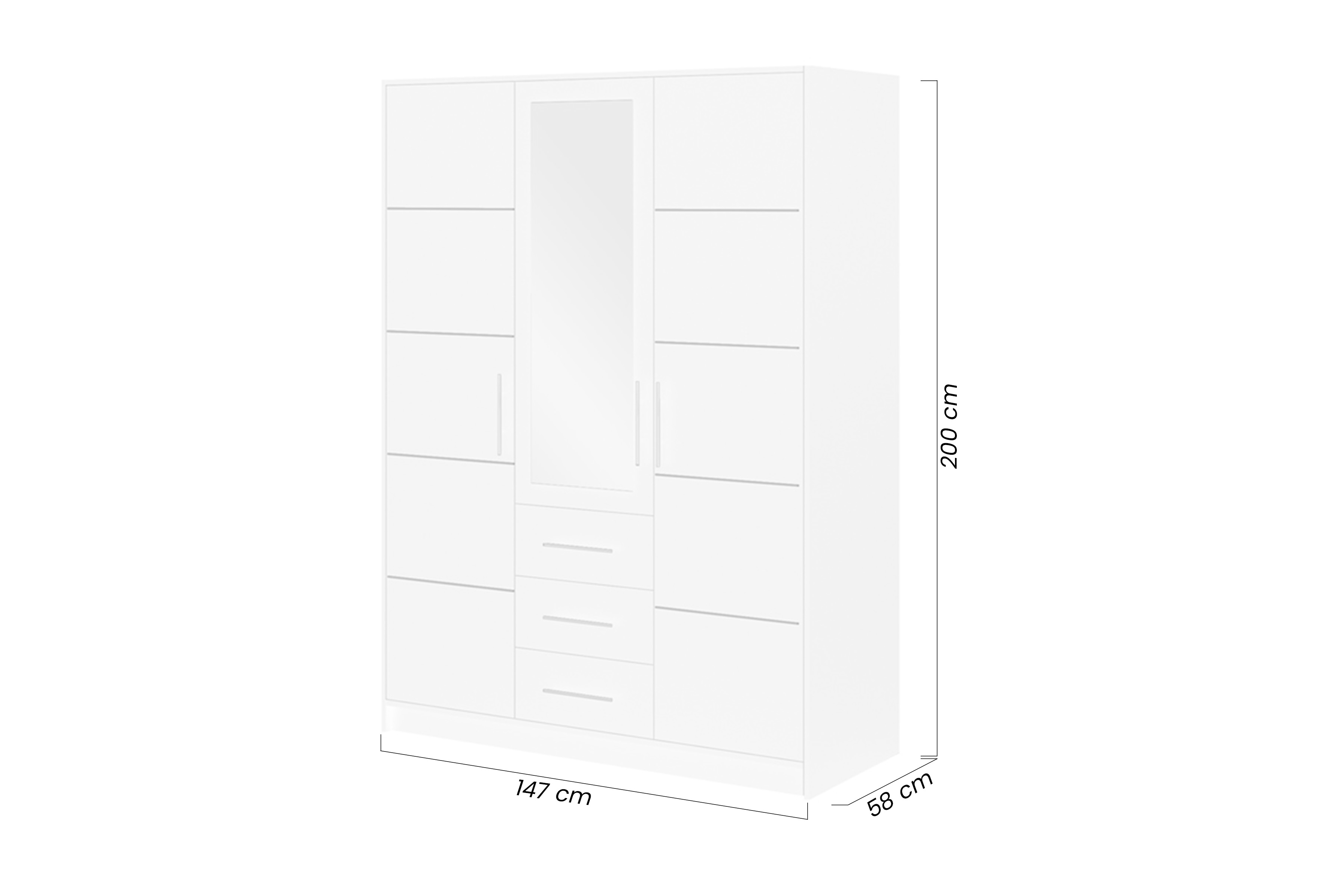 Šatní skříň Bali 147 cm - tlumená modrá skříň třídveřová Lutori II 147 cm z zrcadlem - zgaszony blankyt