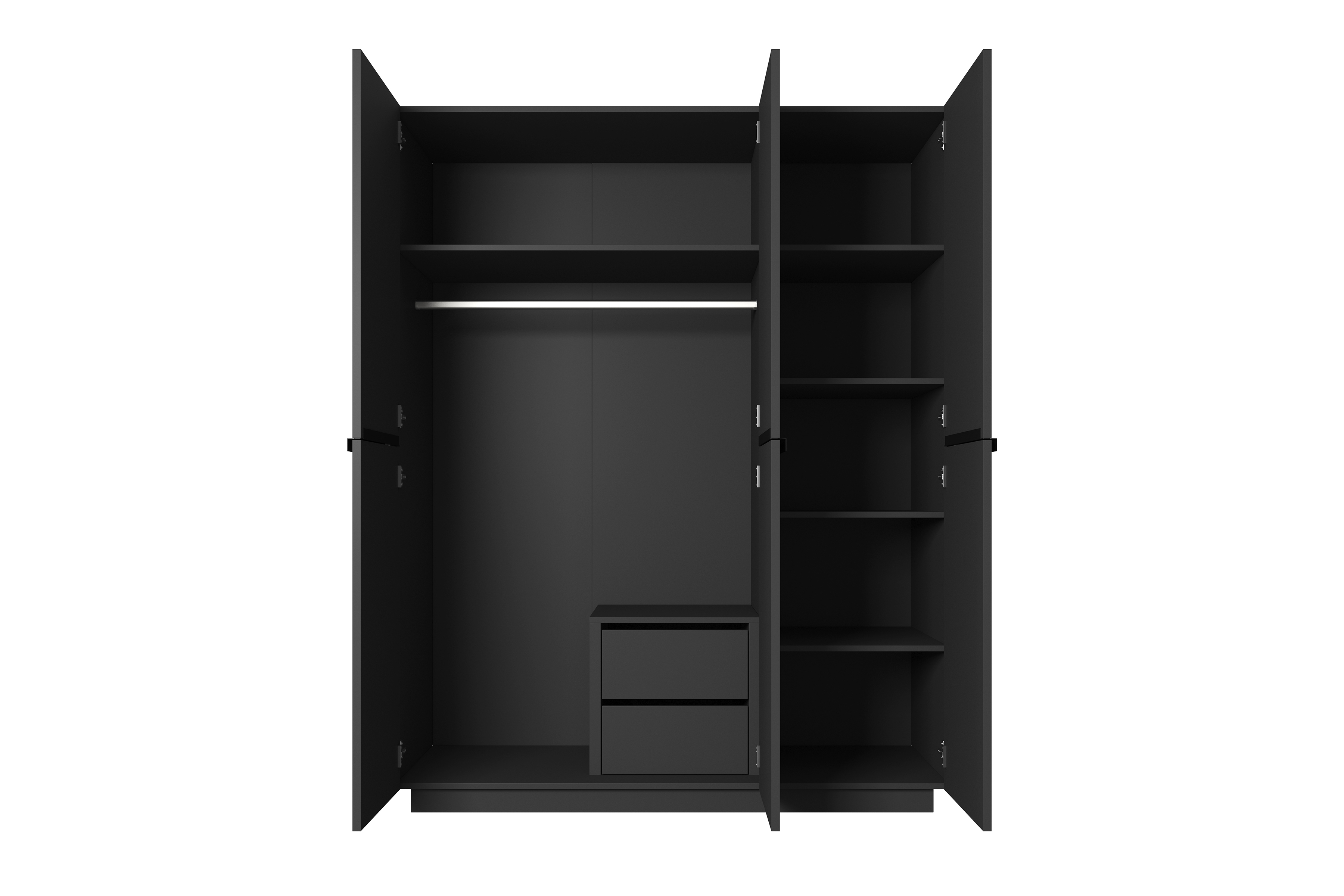 Šatníková skriňa Nicole 150 cm s policami a zásuvkami - čierny mat / čierne úchyty Skriňa trojdverová Nicole z ukrytymi zásuvkami 150 cm - Čierny mat / čierny úchyty