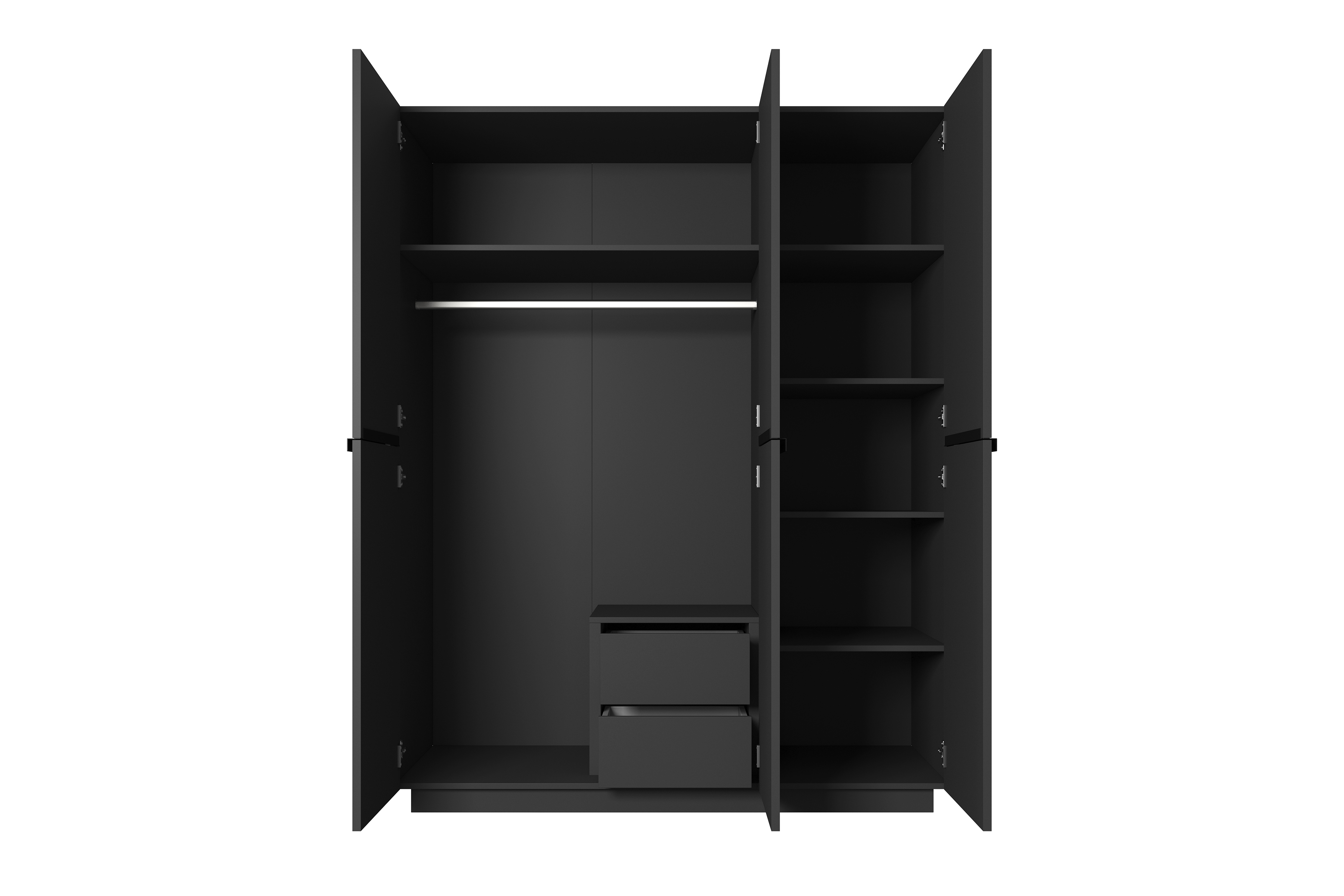 Šatníková skriňa Nicole 150 cm s policami a zásuvkami - čierny mat / čierne úchyty Skriňa trojdverová Nicole z ukrytymi zásuvkami 150 cm - Čierny mat / čierny úchyty