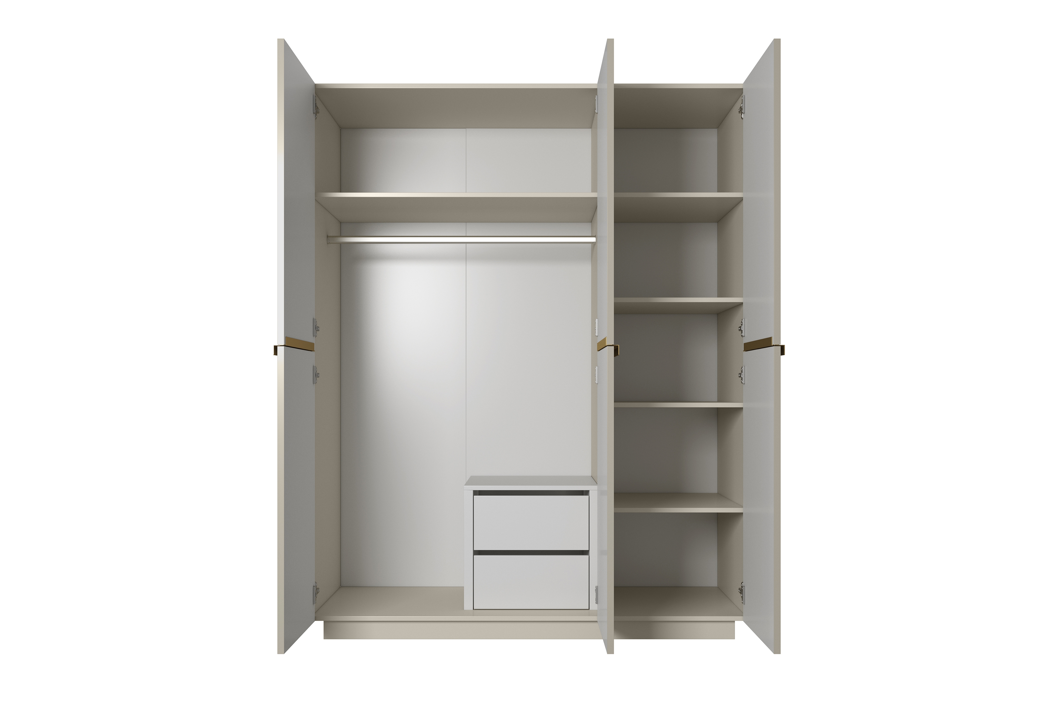 Šatní skříň Nicole 150 cm se zásuvkami - kašmírová / zlaté úchytky skříň třídveřová Nicole z ukrytymi zásuvkami 150 cm - kašmír / zlaté Úchytky