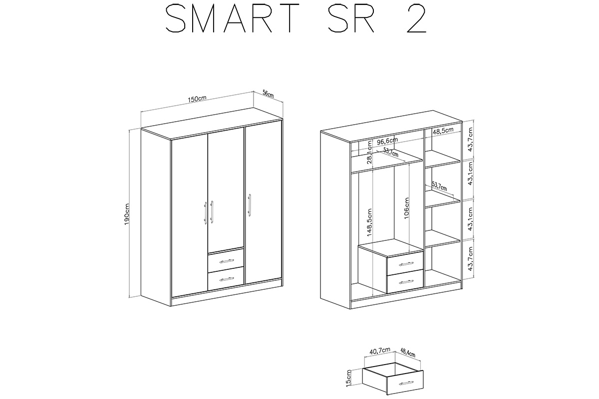 Skriňa Smart SRL2 so zrkadlom - 150 cm - biely lux / dub sonoma Trojdverová skriňa s dvoma zásuvkami a zrkadlom Smart SRL2 - biely lux / dub sonoma - schéma