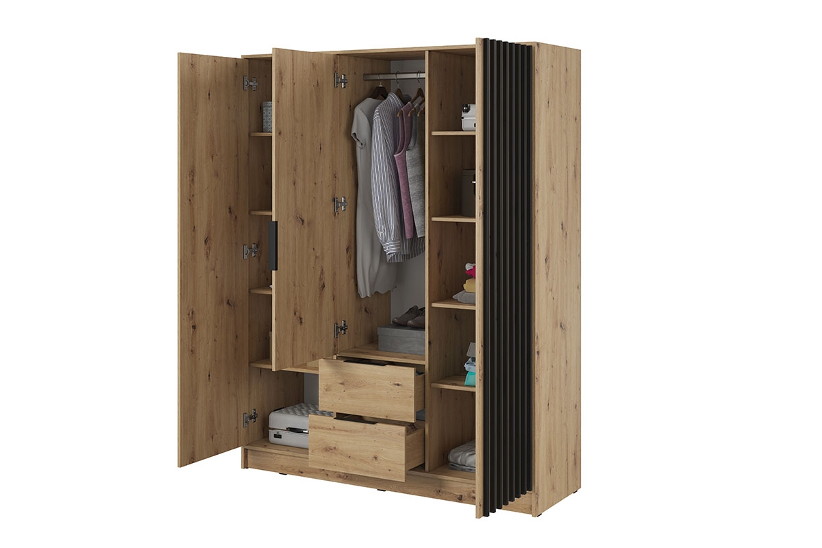 Skříň Neria 155 cm se zrcadlem - dub artisan / černá prostorná Skříň s policemi