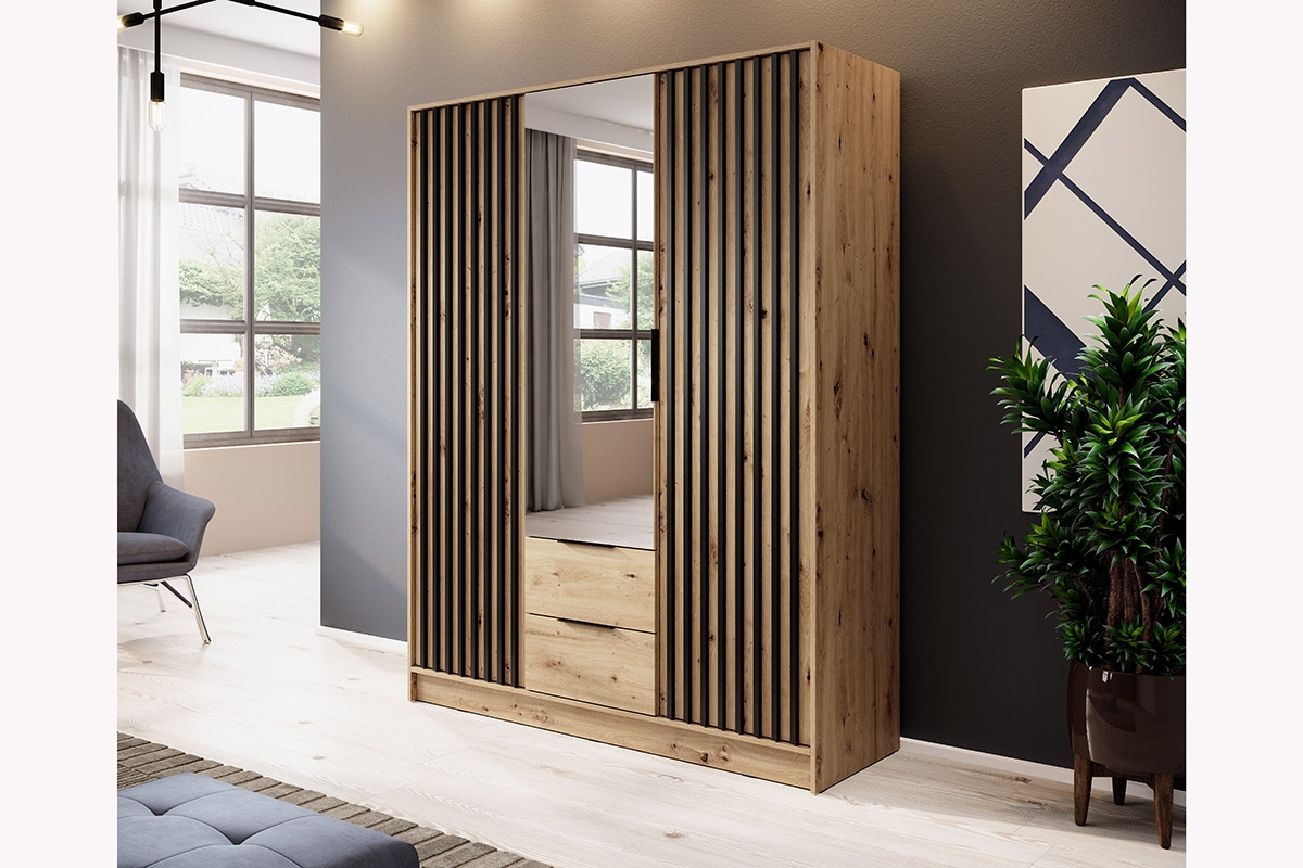 Skříň Neria 155 cm se zrcadlem - dub artisan / černá Skříň s lamelami