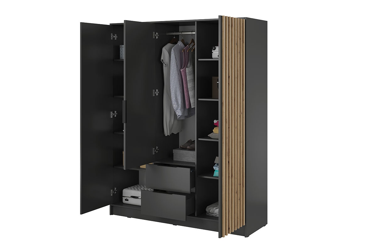 Skříň Neria 155 cm se zrcadlem - grafitová / dub artisan prostorná grafitová Skříň 150